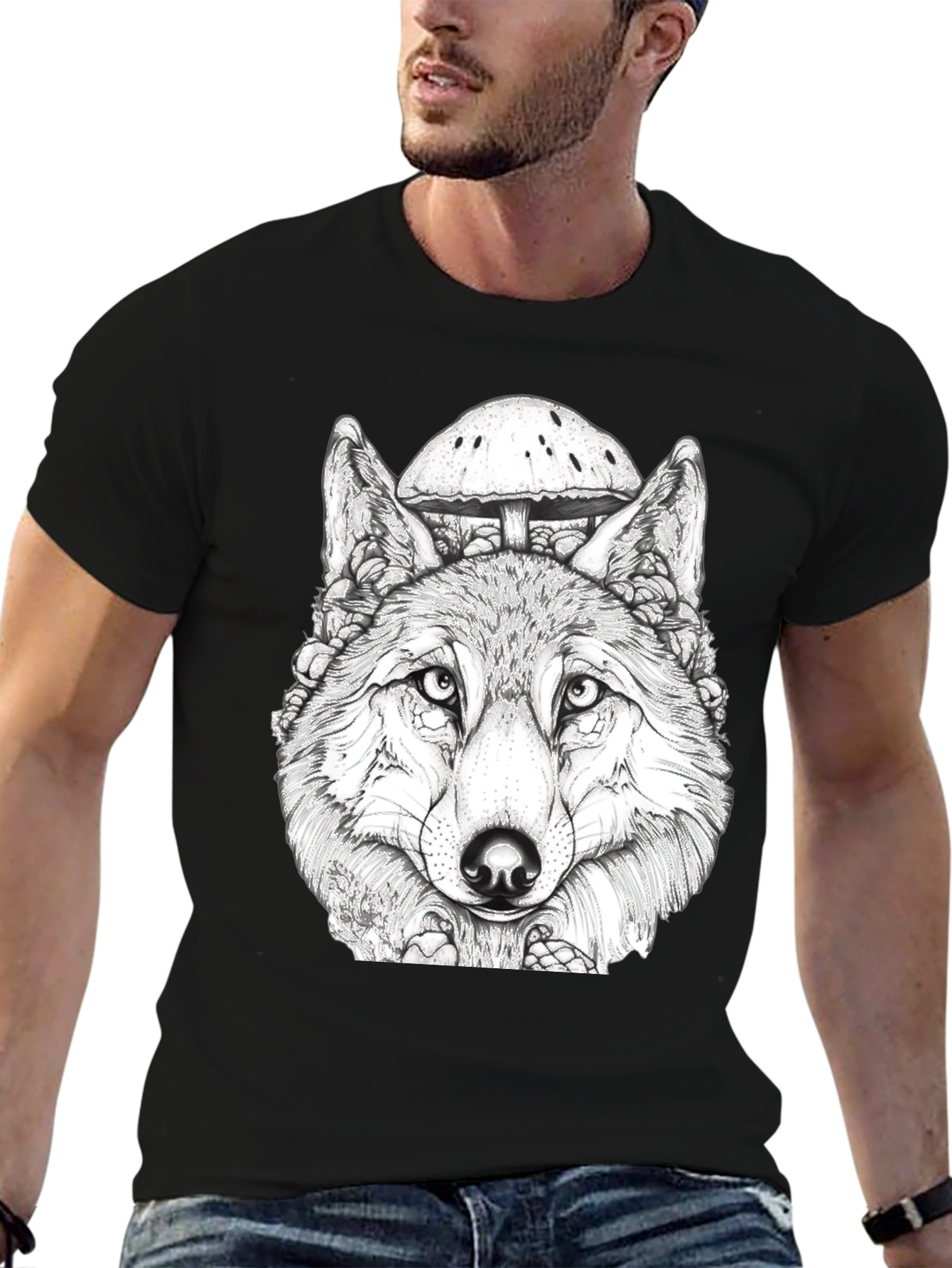 Wolf & Mushroom Graphic Black T-Shirt
