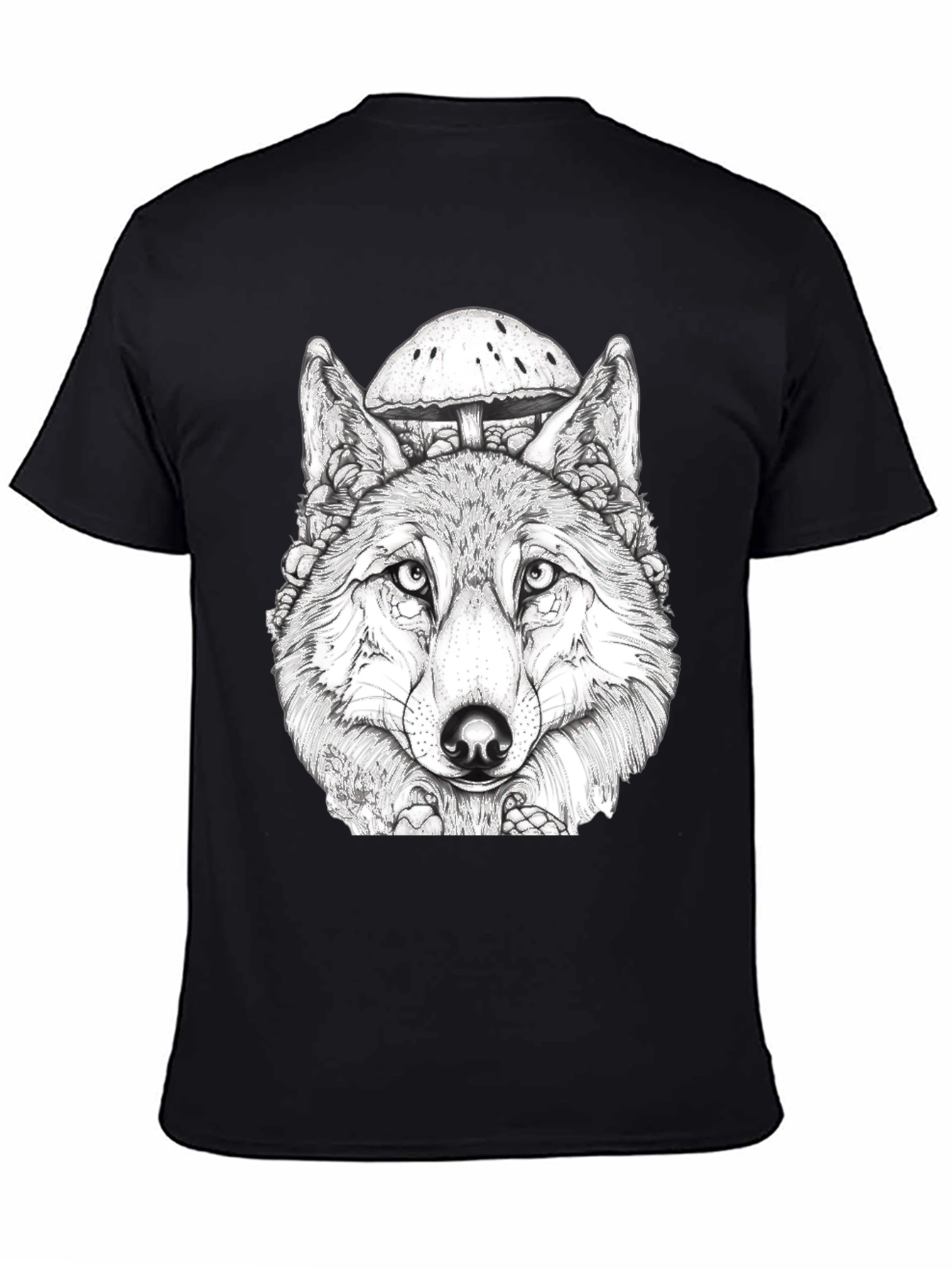 Wolf & Mushroom Graphic Black T-Shirt