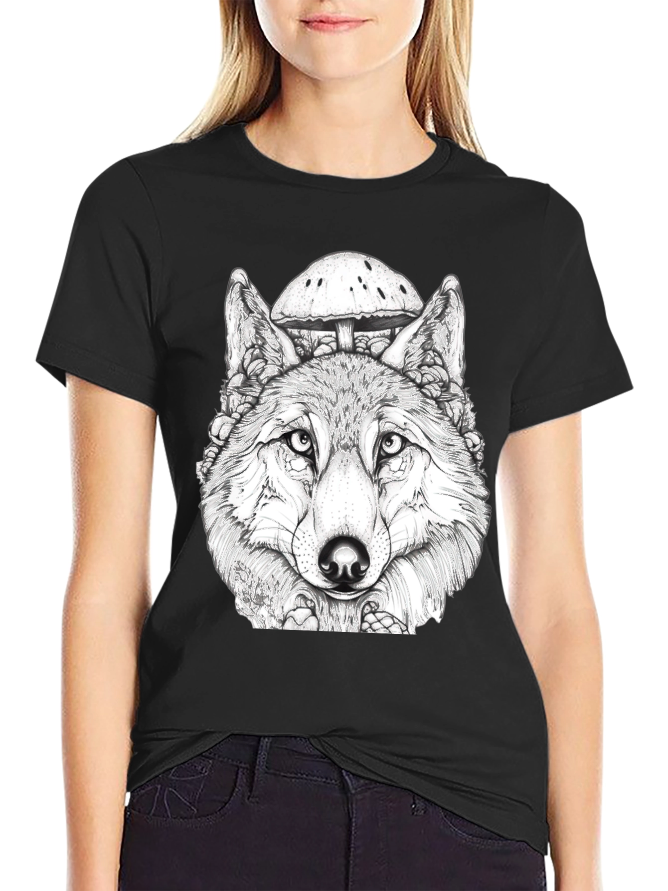 Wolf & Mushroom Graphic Black T-Shirt