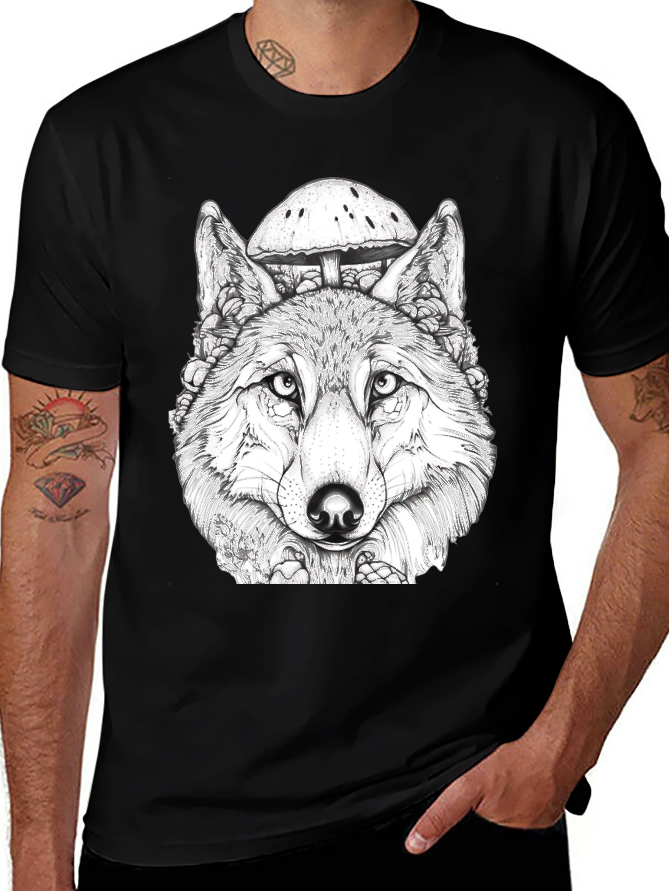Wolf & Mushroom Graphic Black T-Shirt