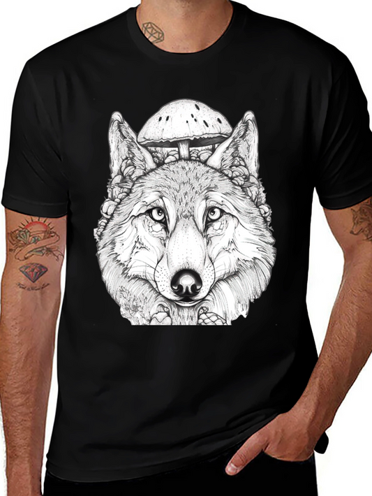 Wolf & Mushroom Graphic Black T-Shirt