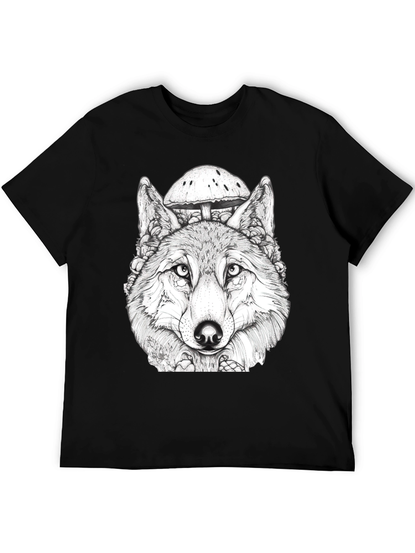 Wolf & Mushroom Graphic Black T-Shirt