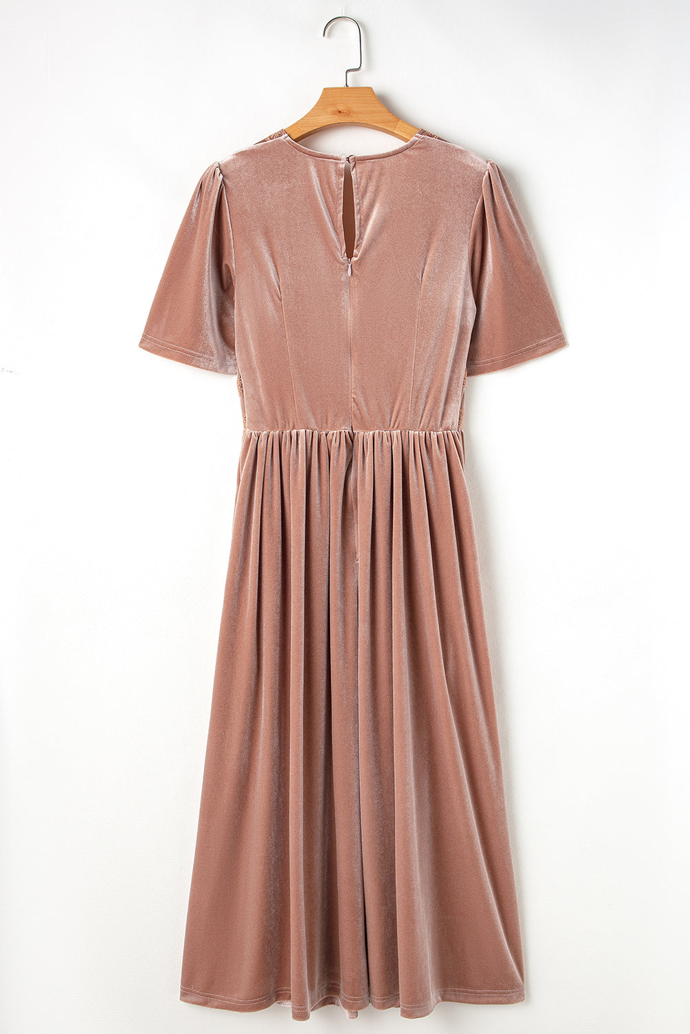 Chestnut Velvet Lacy V Neckline Short Sleeve Empire Waist Flowy Maxi Dress