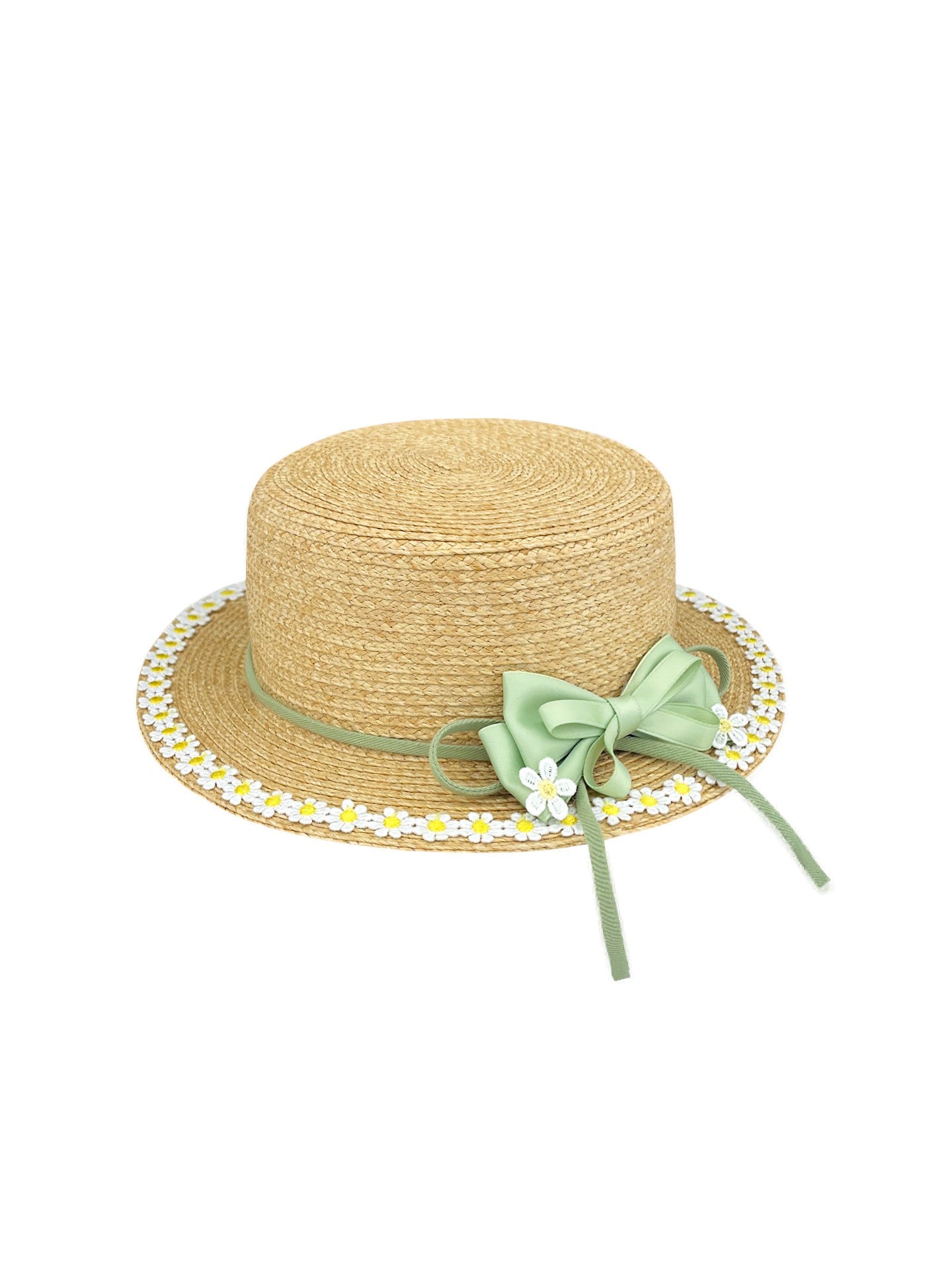 Women's Straw Flat Brim Hat with Bow and Floral Trim for Summer Sun Protection