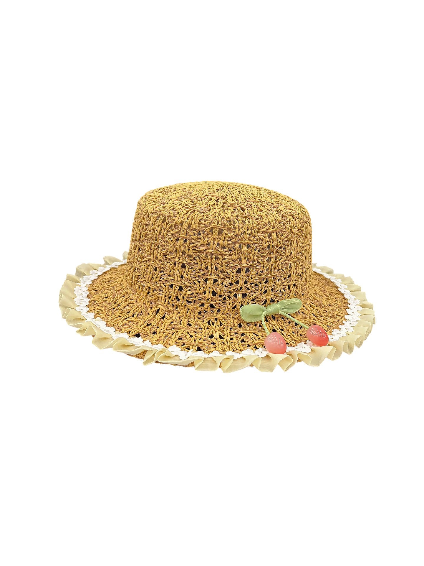 Women's Flat Top Straw Hat with Ruffled Brim and Cherry Detail for Sun Protection