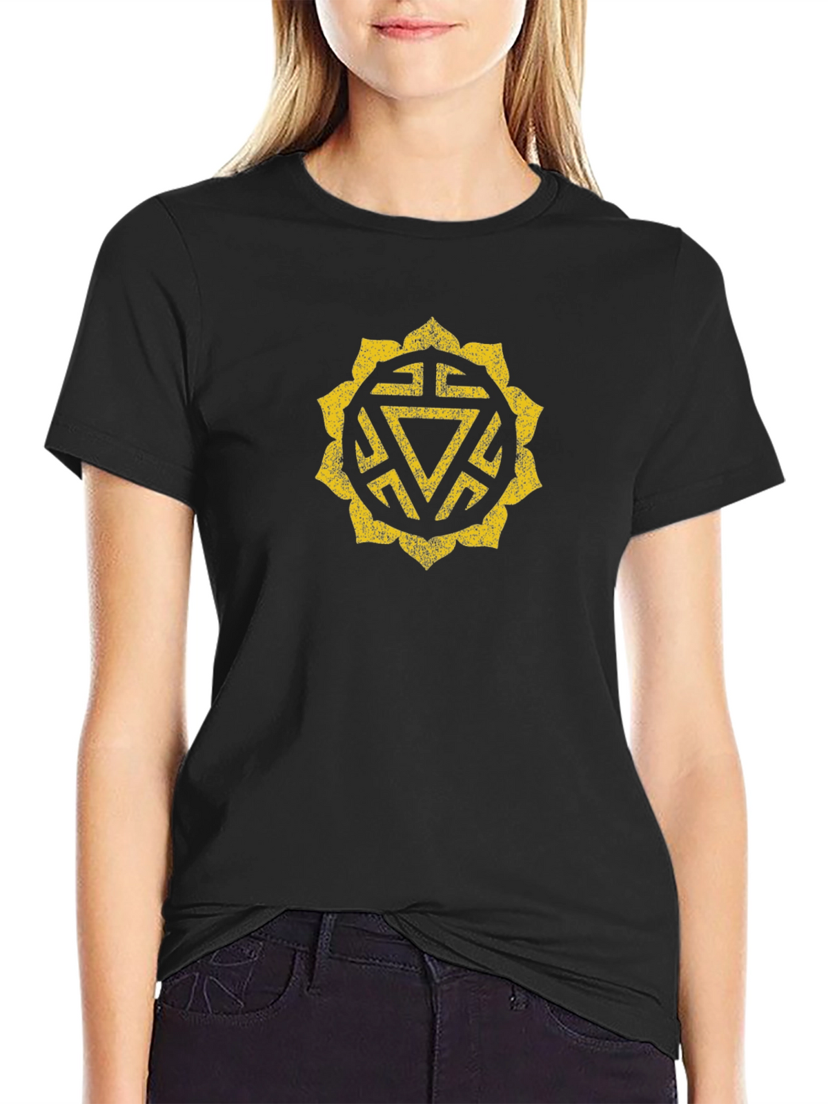 Black T-Shirt with Geometric Yellow Design