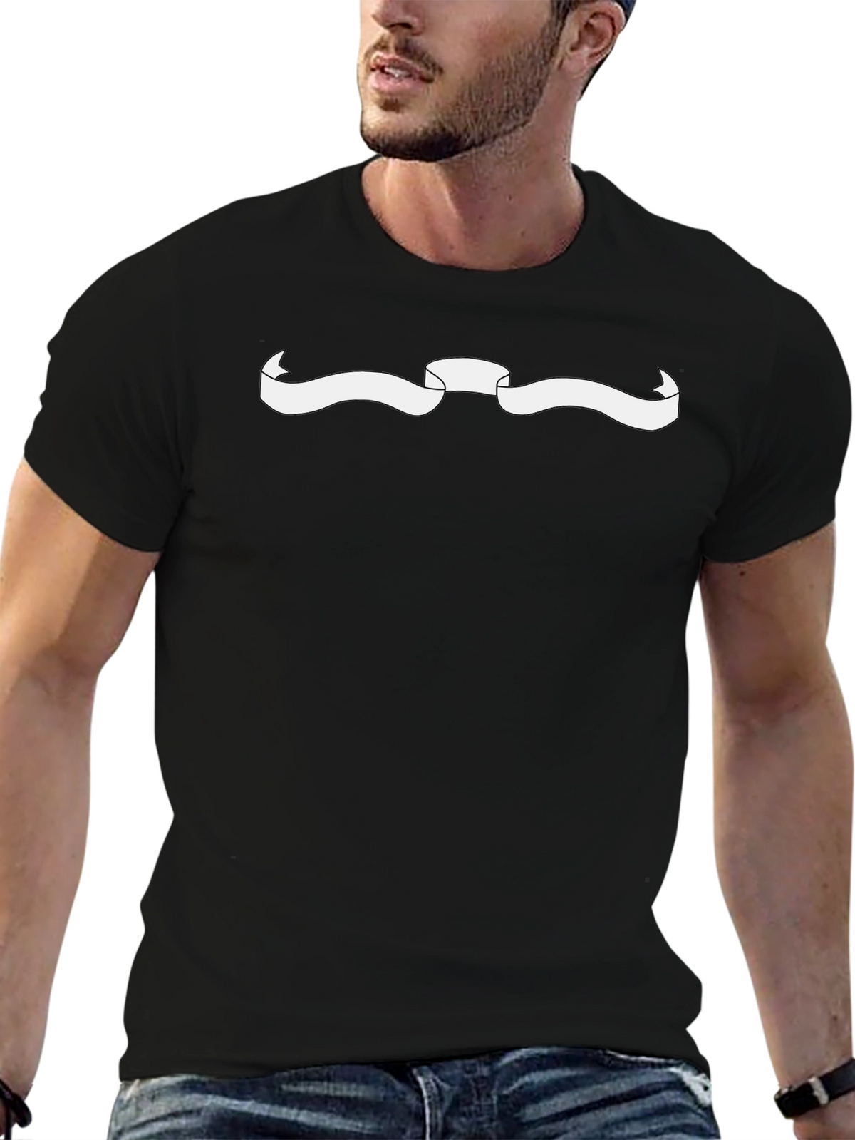 Mens Black T-Shirt with White Ribbon Graphic
