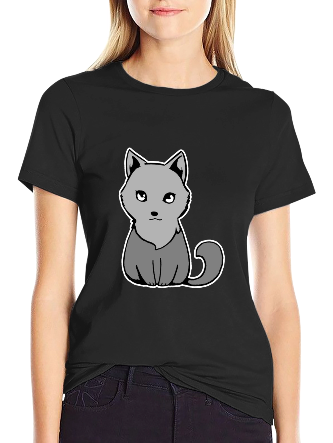 Cute Grey Cat Graphic Tee - Soft Black Cotton