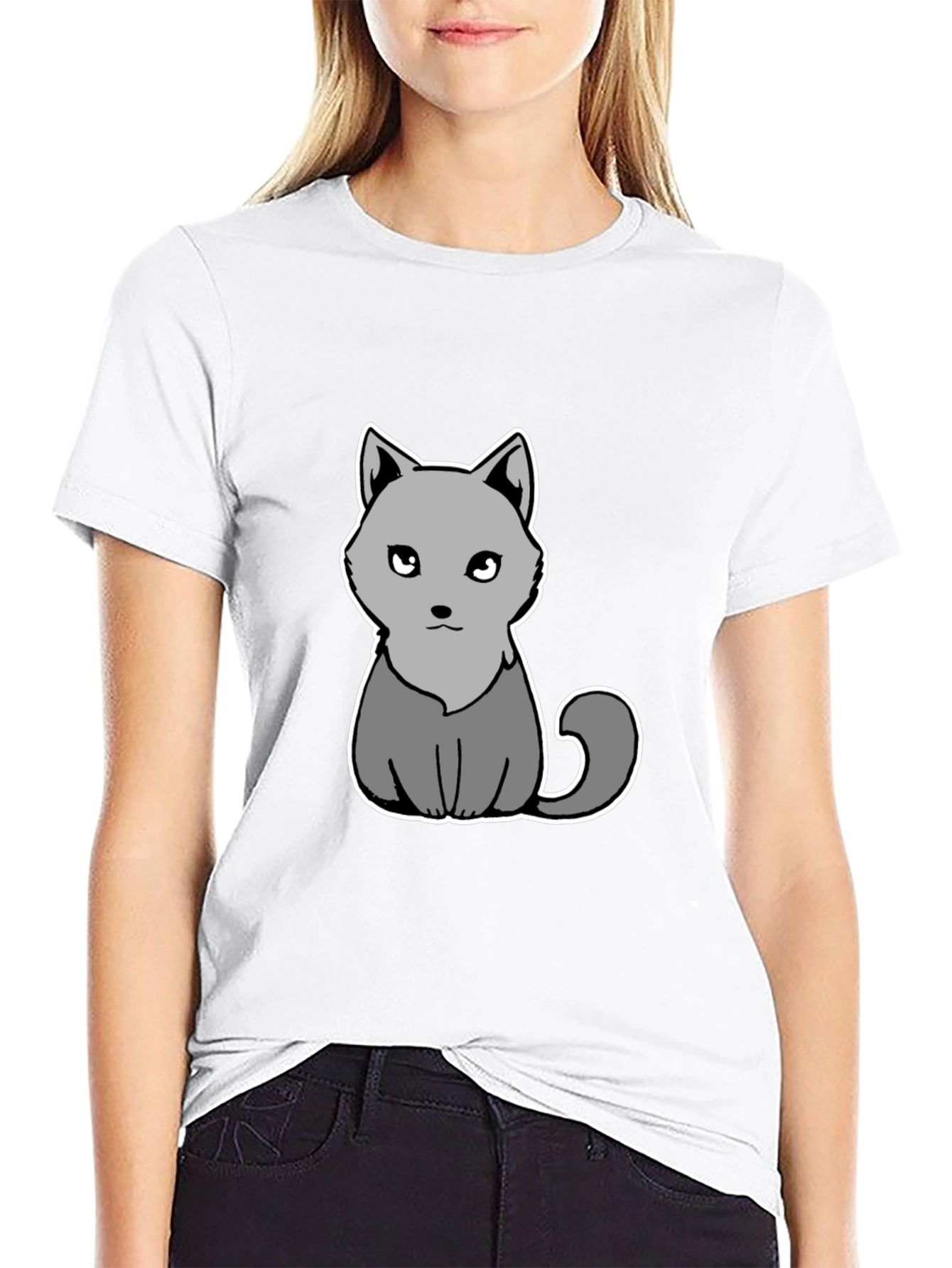 Cute Grey Cat Graphic Tee - Soft Black Cotton