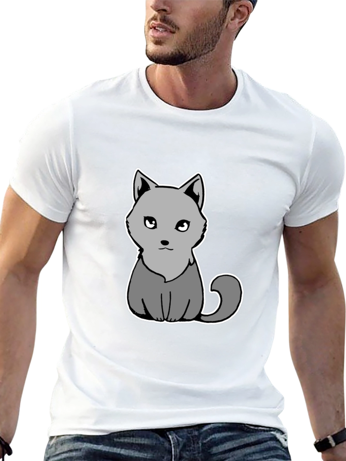 Cute Grey Cat Graphic Tee - Soft Black Cotton