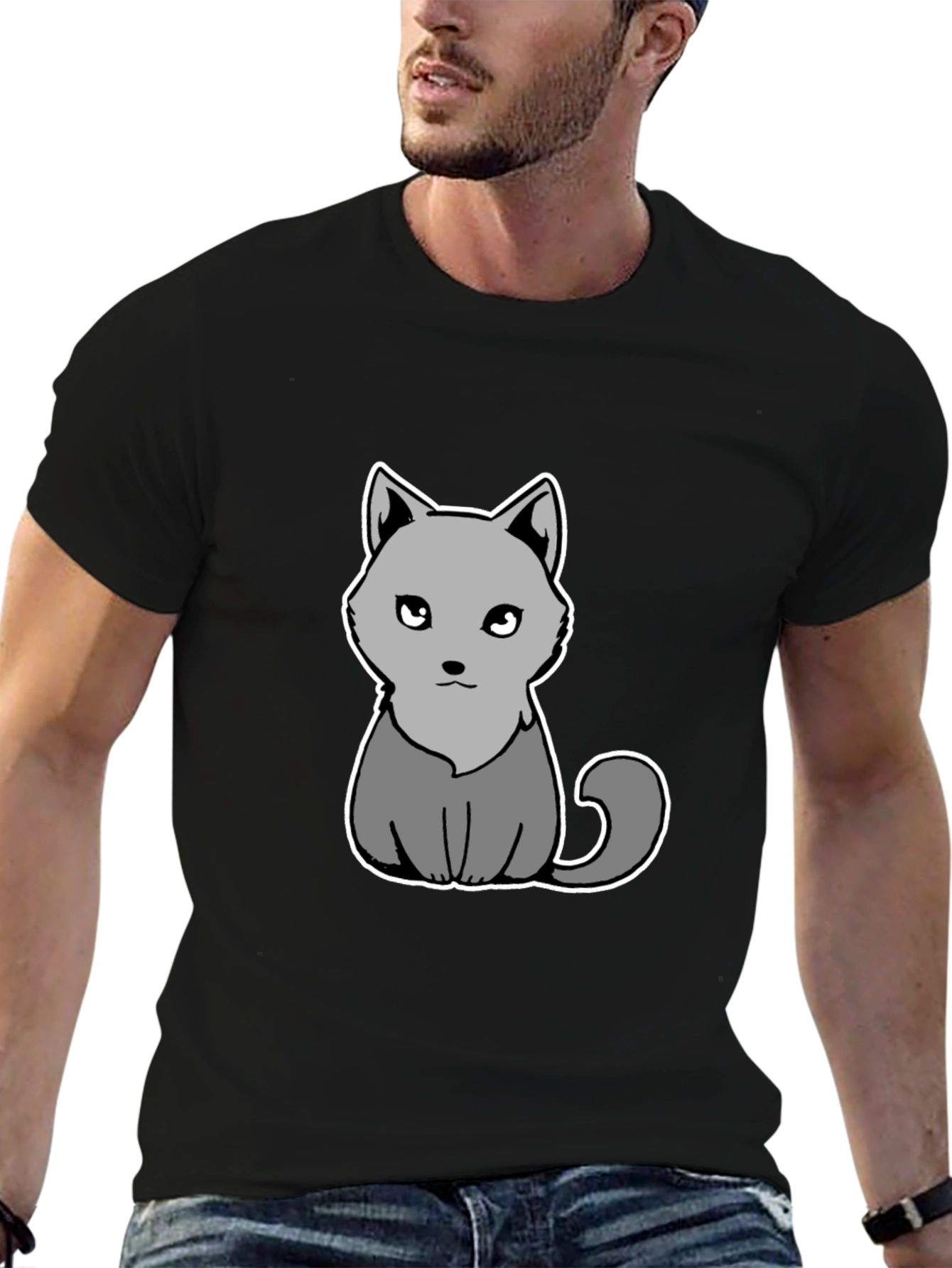 Cute Grey Cat Graphic Tee - Soft Black Cotton
