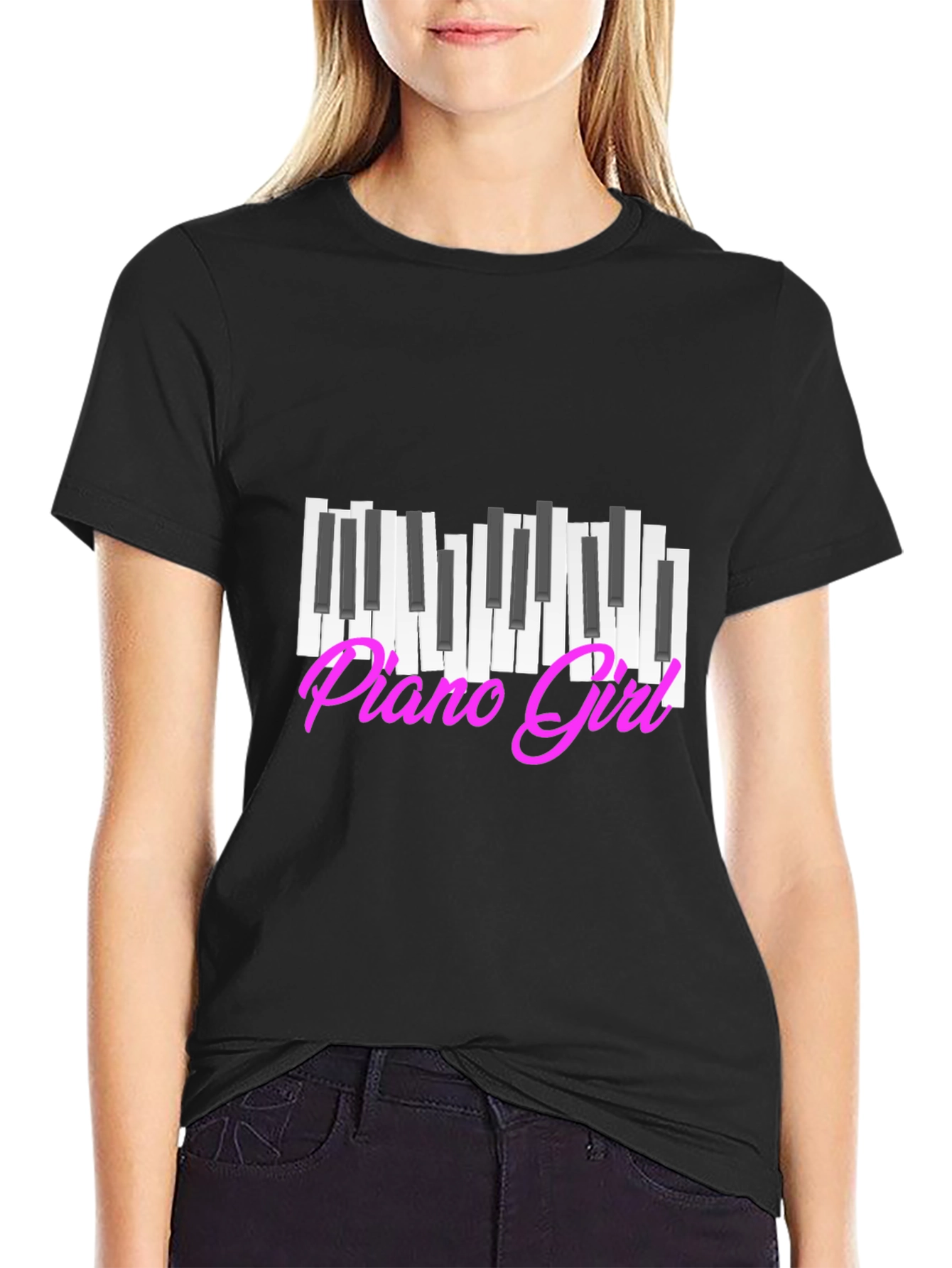 Piano Girl Graphic Tee - Black Cotton T-Shirt