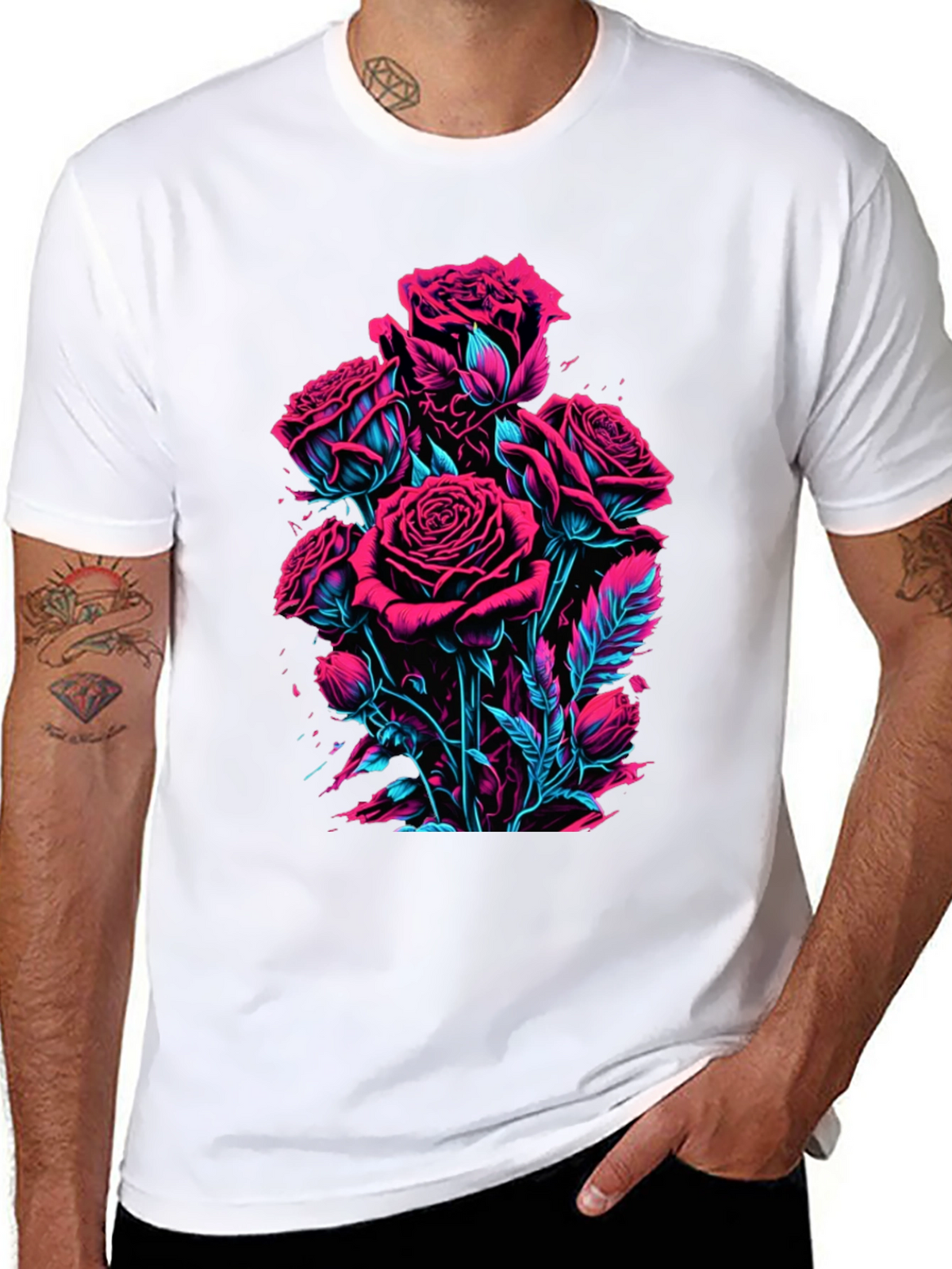 Neon Roses Graphic Black T-Shirt
