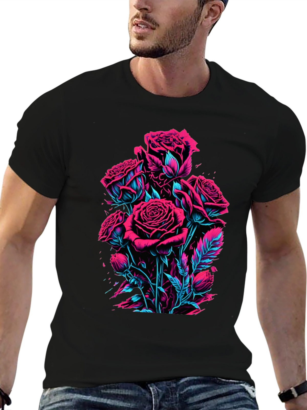 Neon Roses Graphic Black T-Shirt
