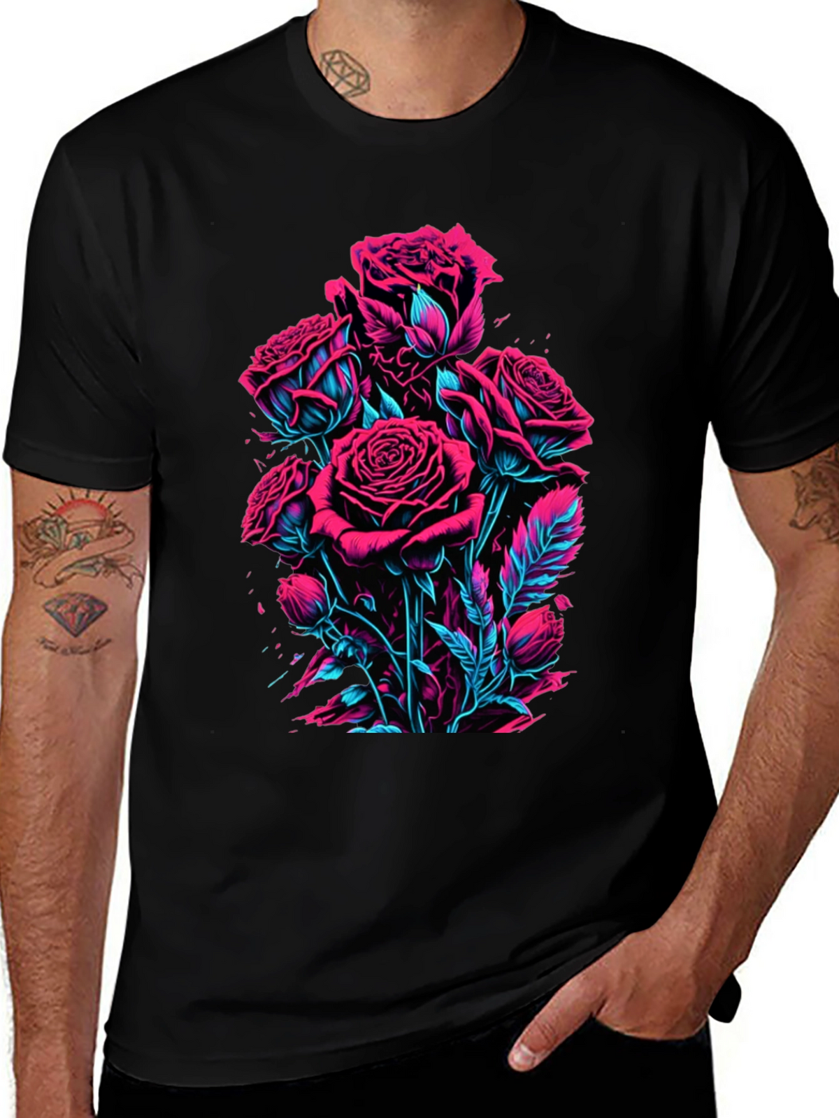 Neon Roses Graphic Black T-Shirt