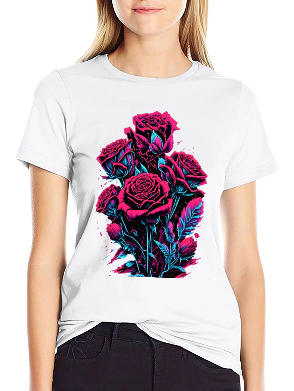Neon Roses Graphic Black T-Shirt