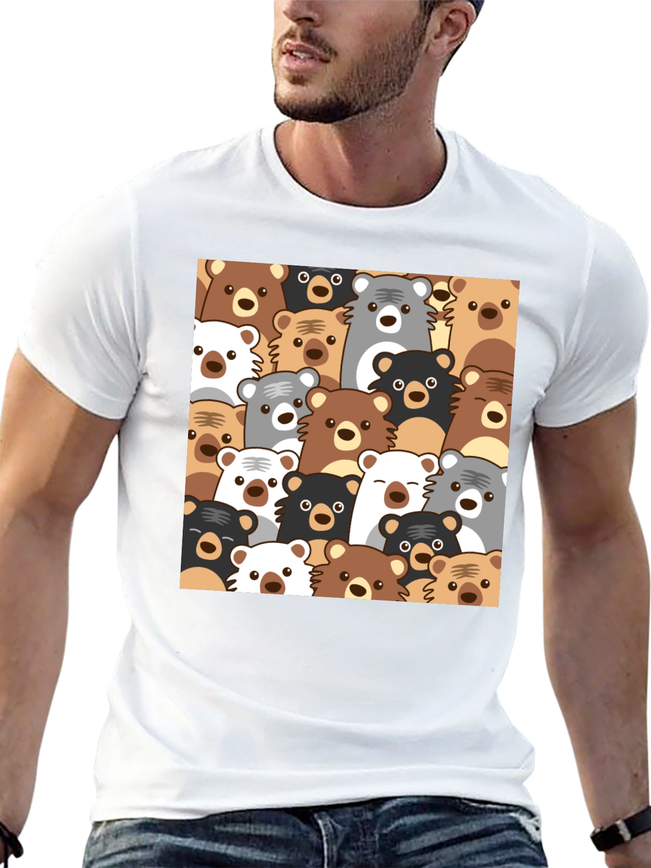 Cute Bear Pattern Black T-Shirt