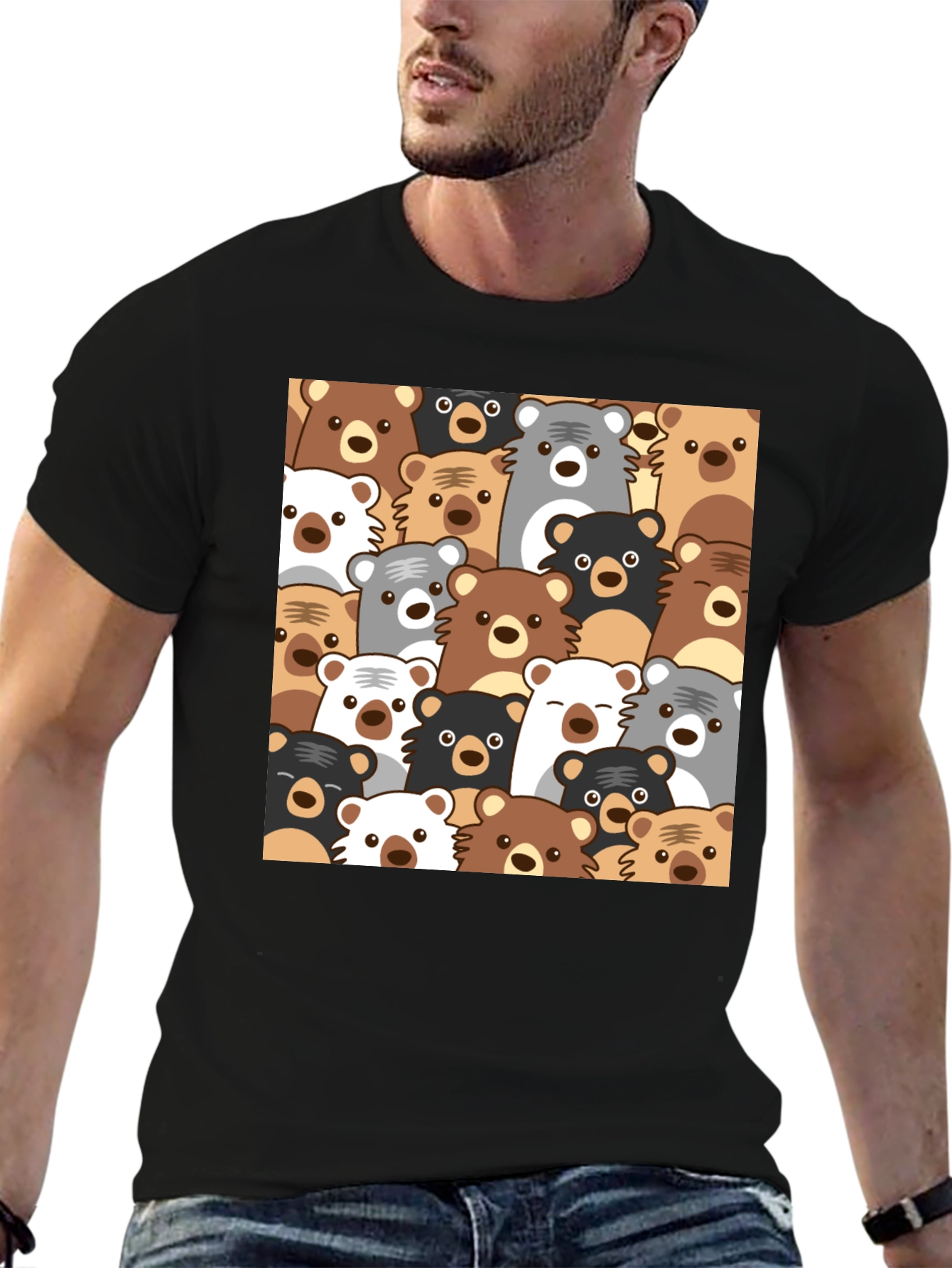 Cute Bear Pattern Black T-Shirt