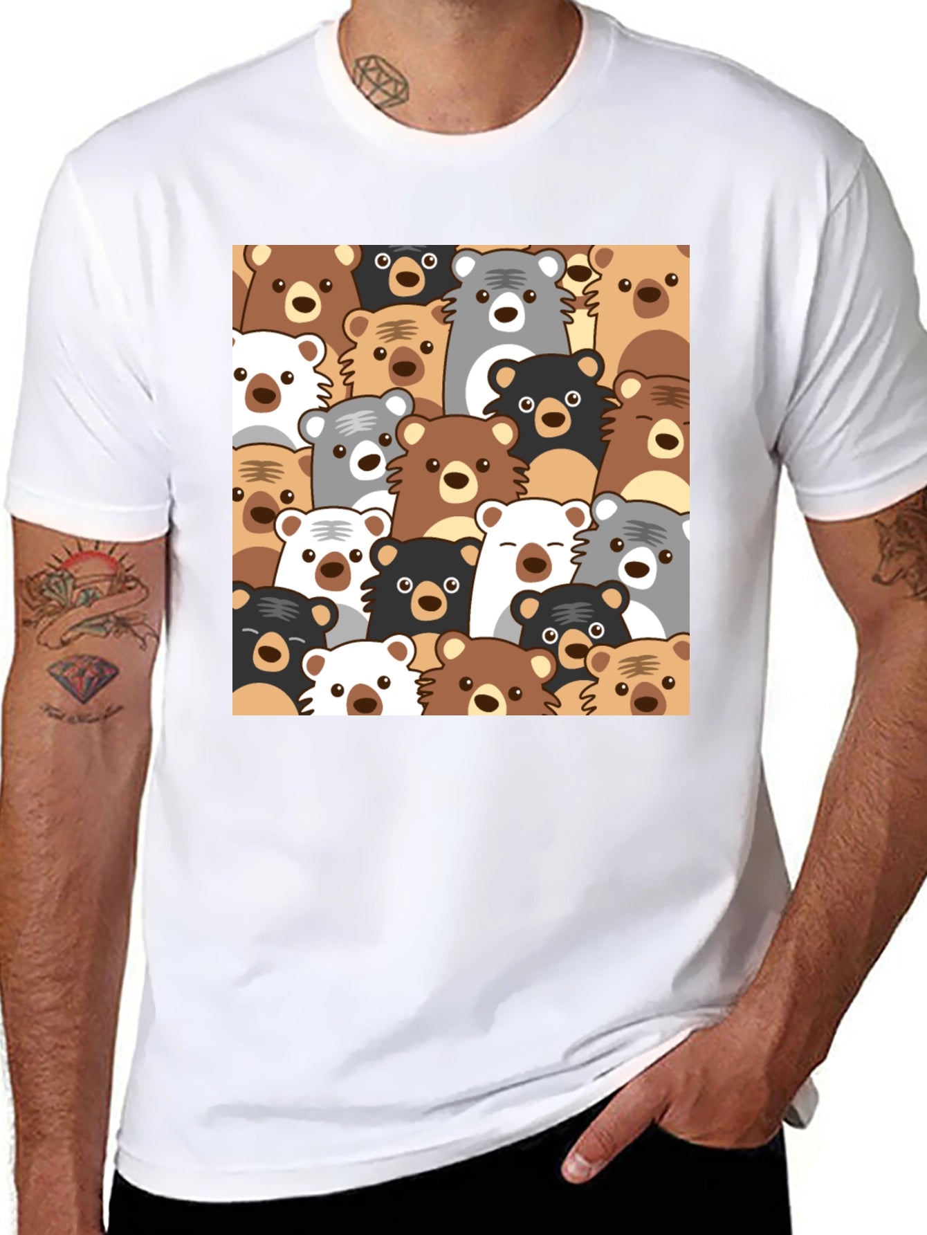 Cute Bear Pattern Black T-Shirt