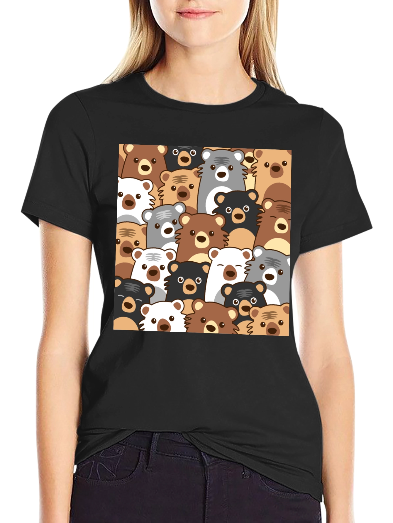 Cute Bear Pattern Black T-Shirt