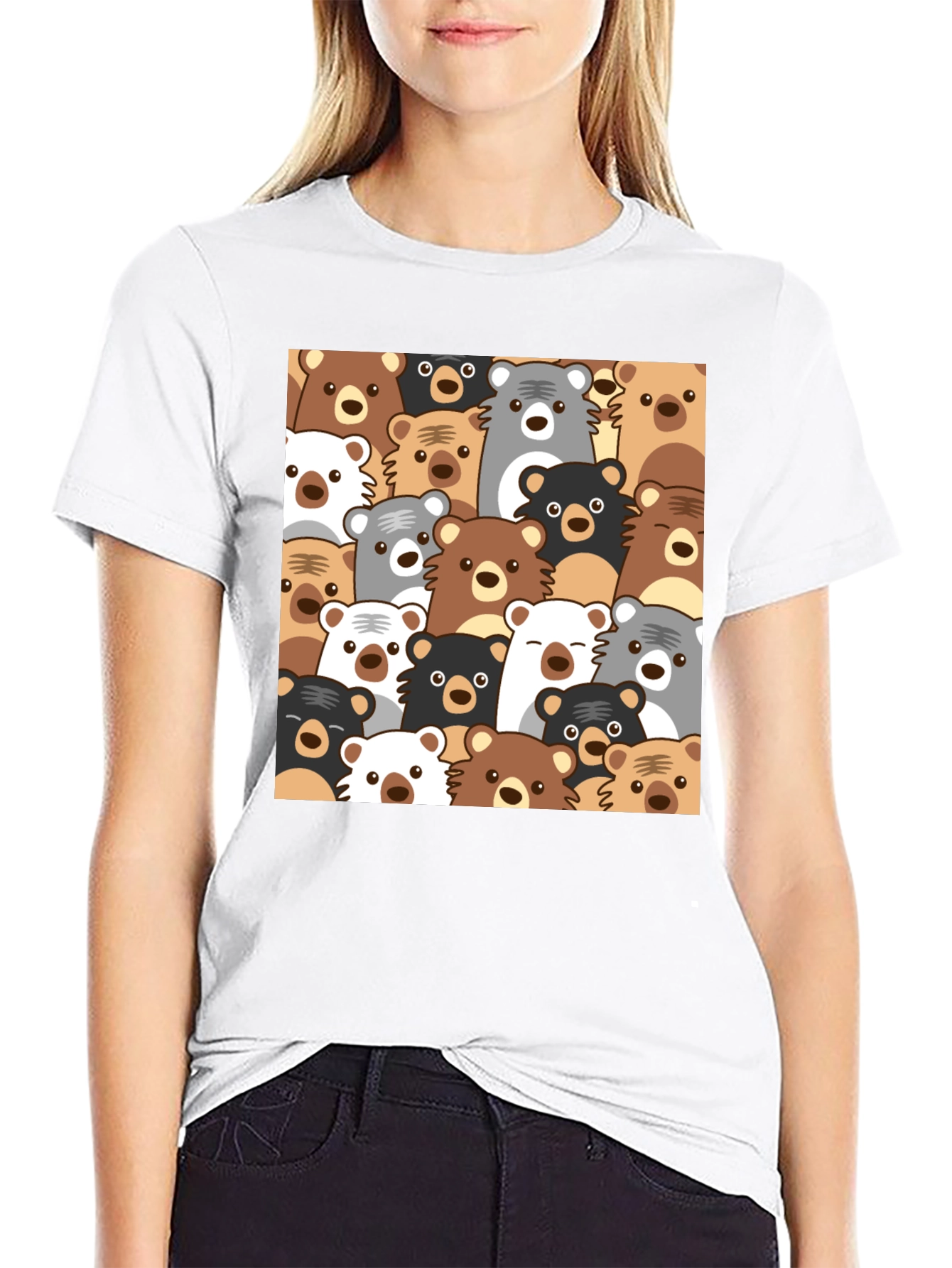 Cute Bear Pattern Black T-Shirt