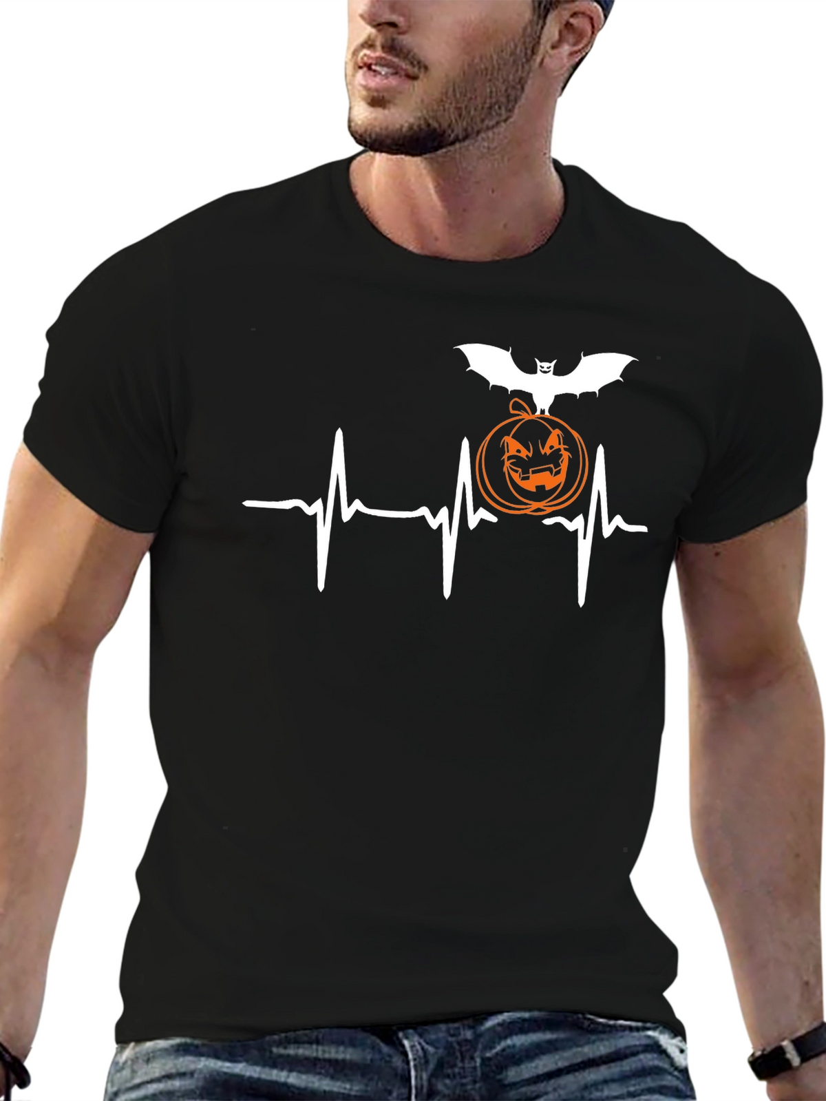 Halloween Heartbeat T-Shirt - Bat & Pumpkin Design
