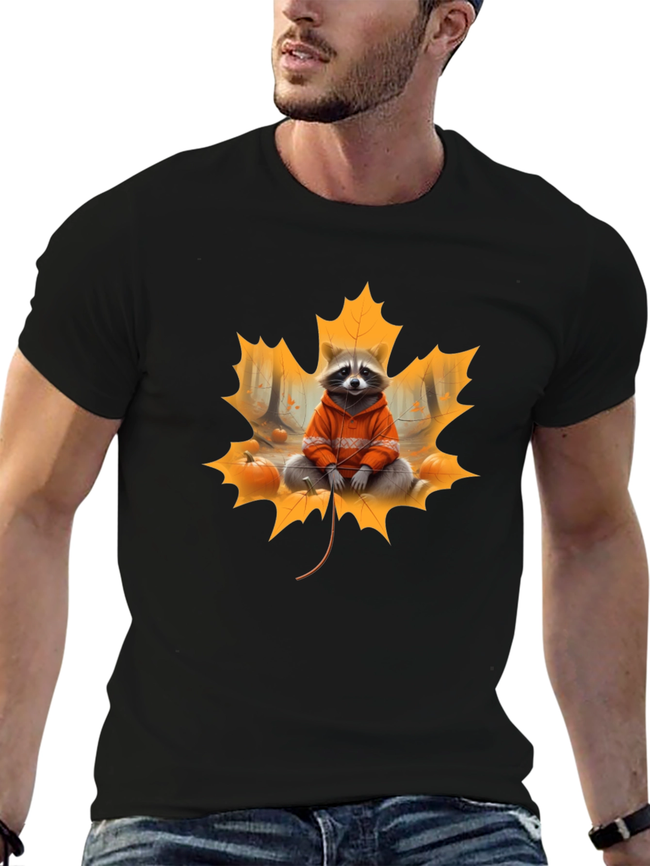 Raccoon Fall Leaf Black T-Shirt