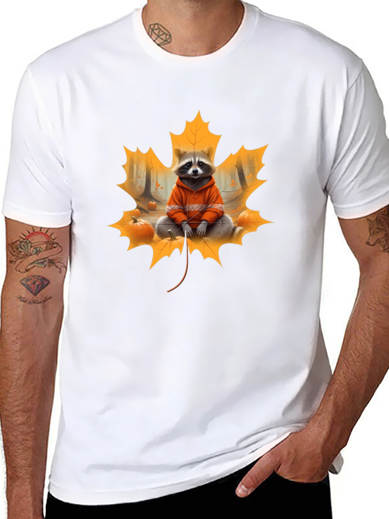Raccoon Fall Leaf Black T-Shirt