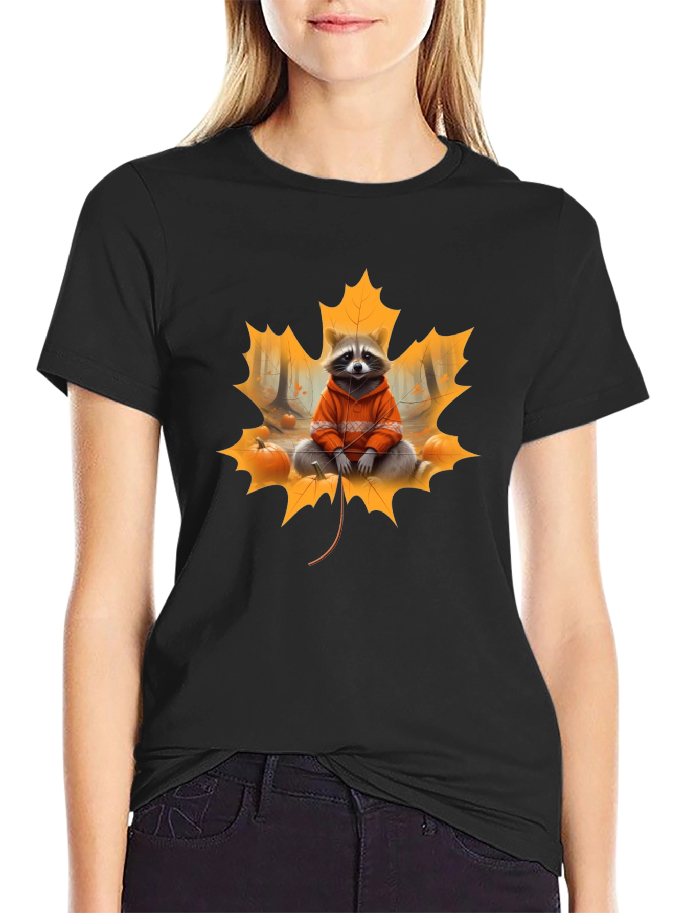 Raccoon Fall Leaf Black T-Shirt