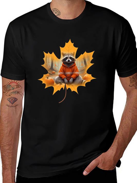 Raccoon Fall Leaf Black T-Shirt