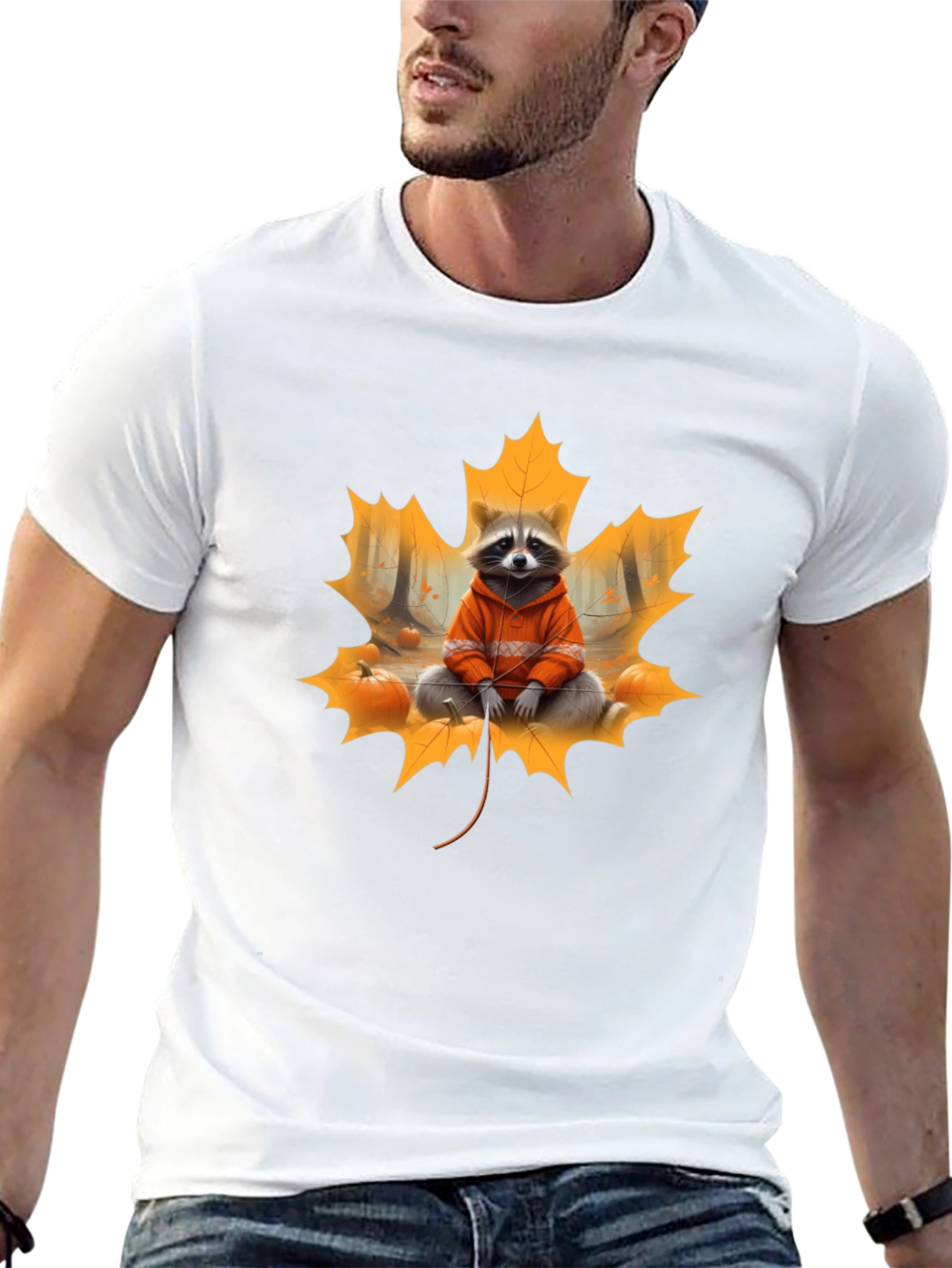 Raccoon Fall Leaf Black T-Shirt