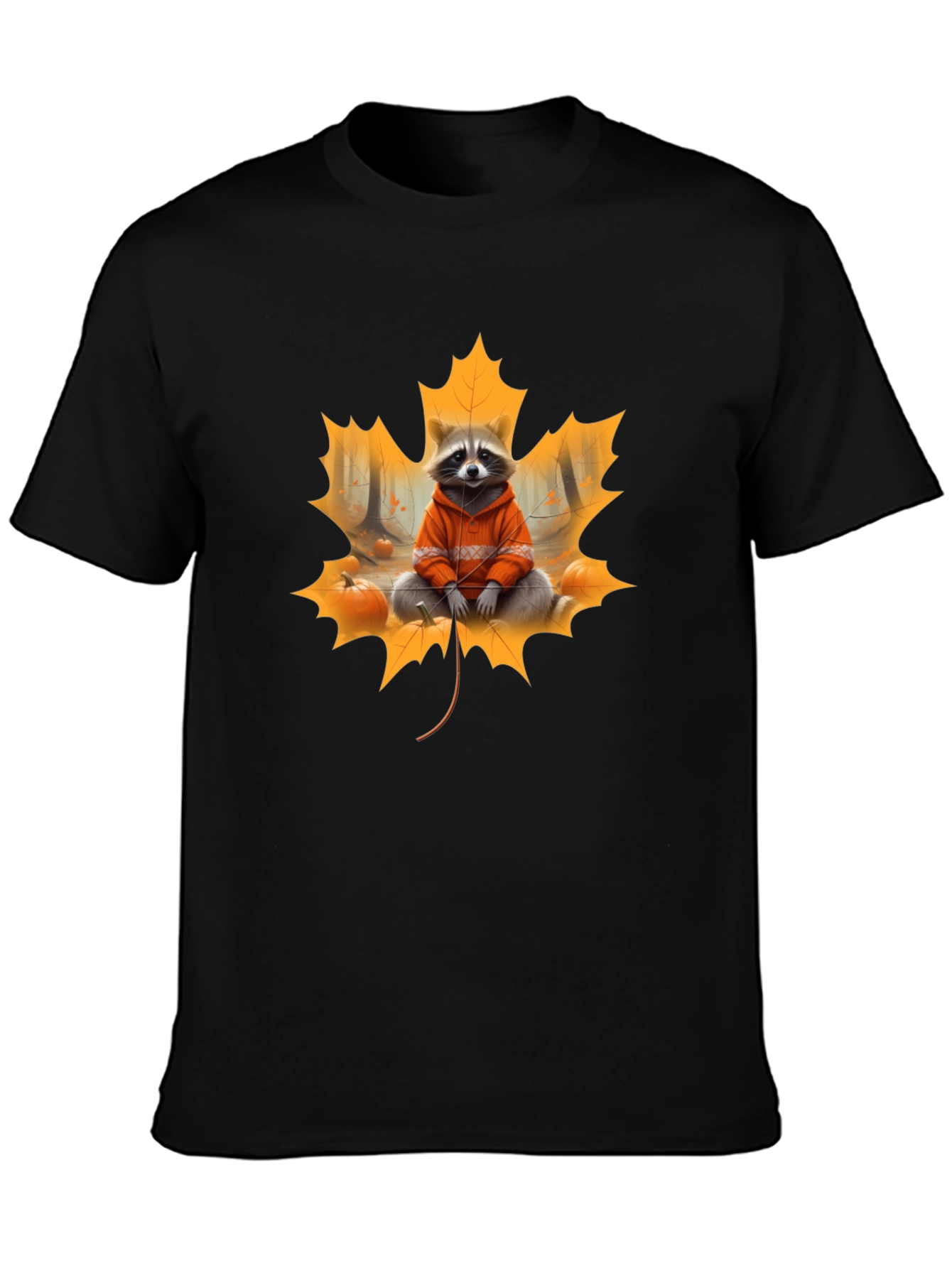 Raccoon Fall Leaf Black T-Shirt