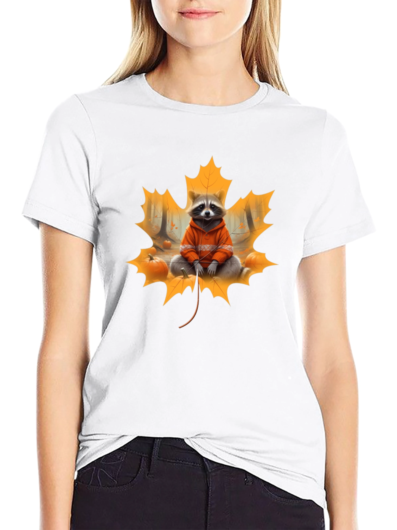 Raccoon Fall Leaf Black T-Shirt