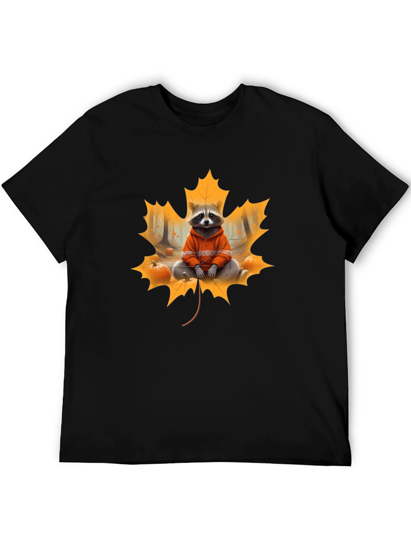 Raccoon Fall Leaf Black T-Shirt
