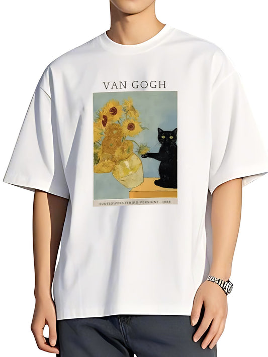 T-shirt Tokyo-tiger-black-cat-with-sunflowers-washed-t-shirt