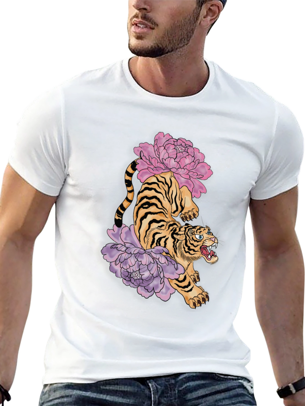Tiger and Peony Graphic Tee - Urban Style
