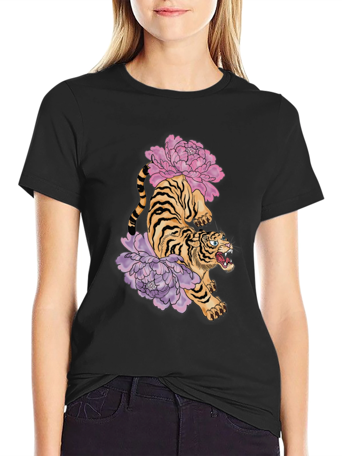 Tiger and Peony Graphic Tee - Urban Style