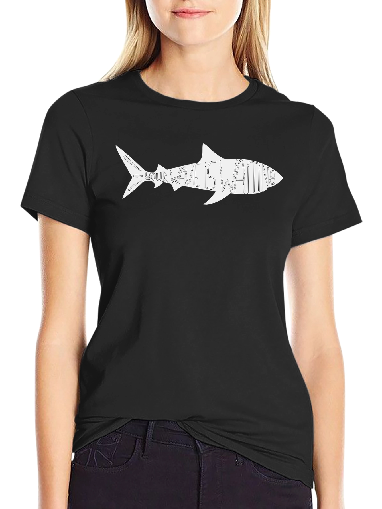 Shark Wave Waiting Graphic Tee - Black Cotton Shirt