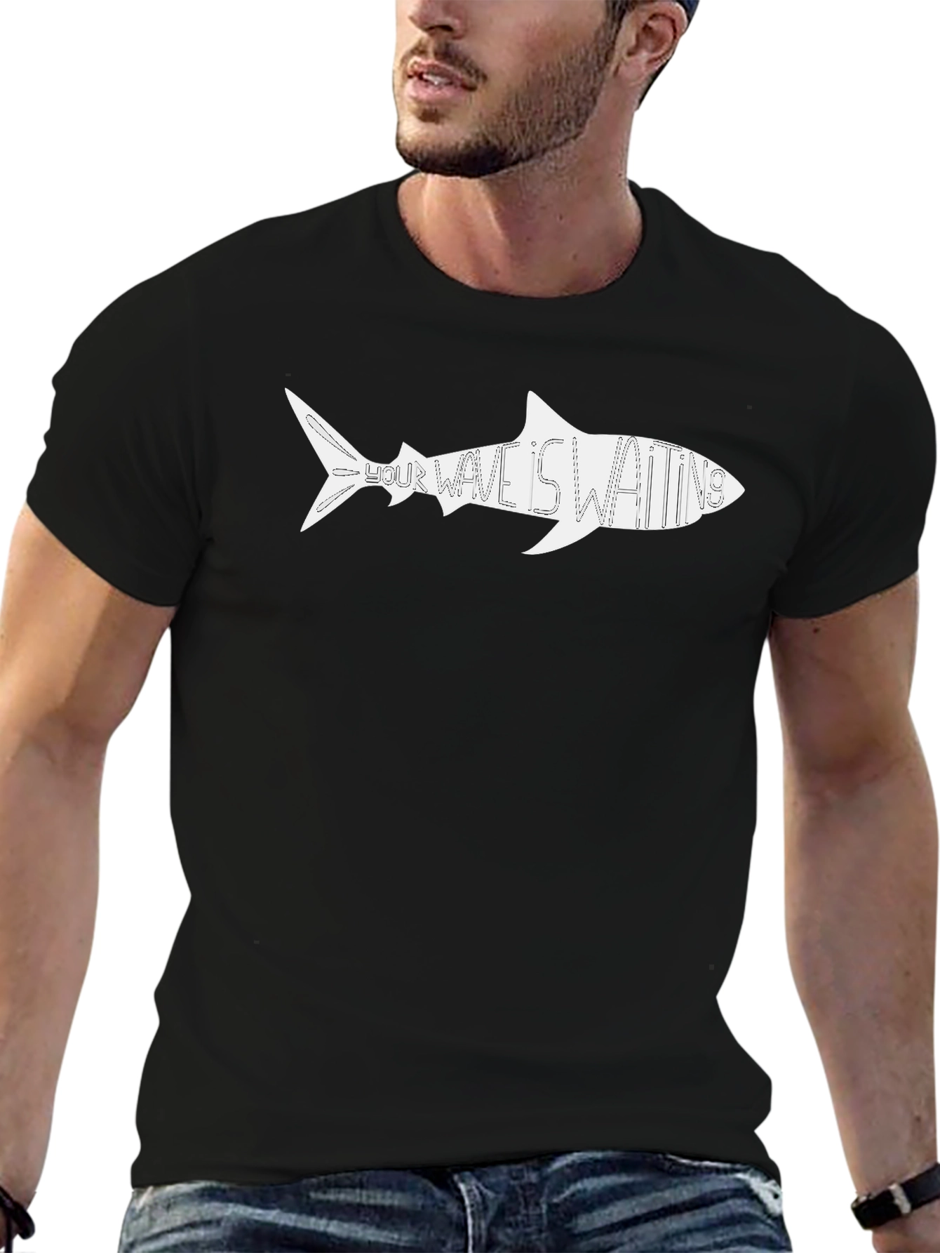 Shark Wave Waiting Graphic Tee - Black Cotton Shirt