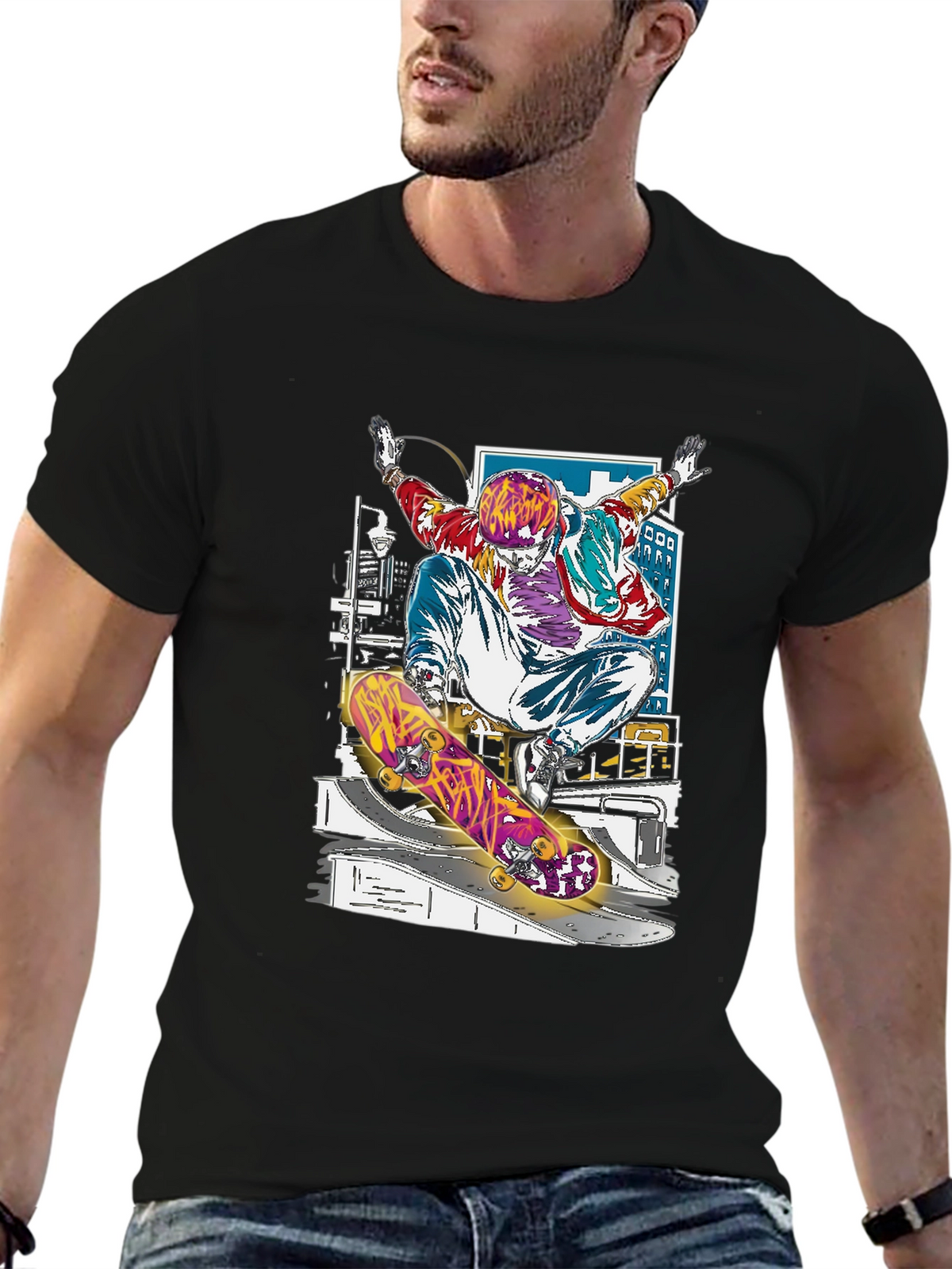 Skateboarder Graphic Tee - Black Cotton Blend Shirt