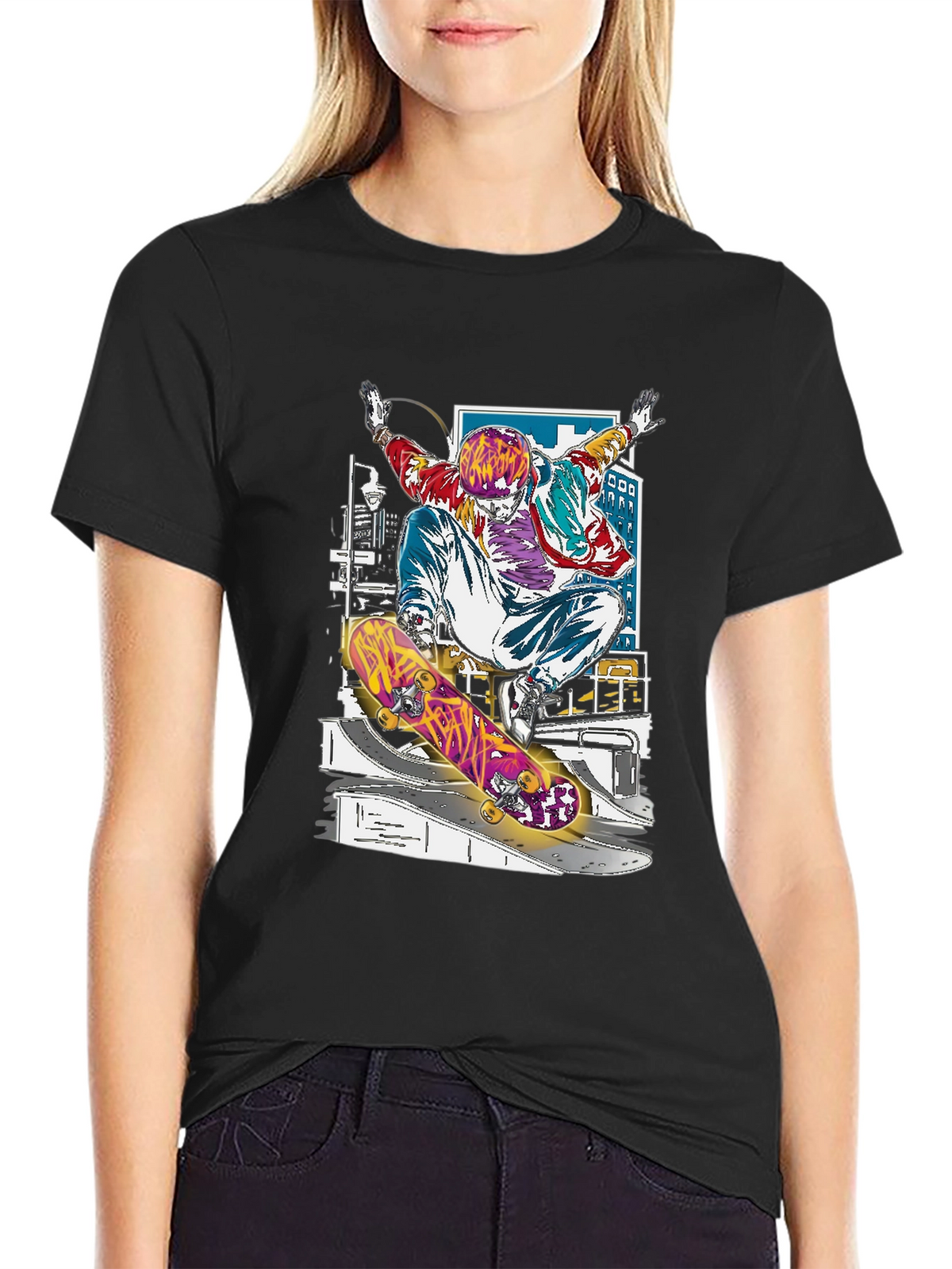 Skateboarder Graphic Tee - Black Cotton Blend Shirt