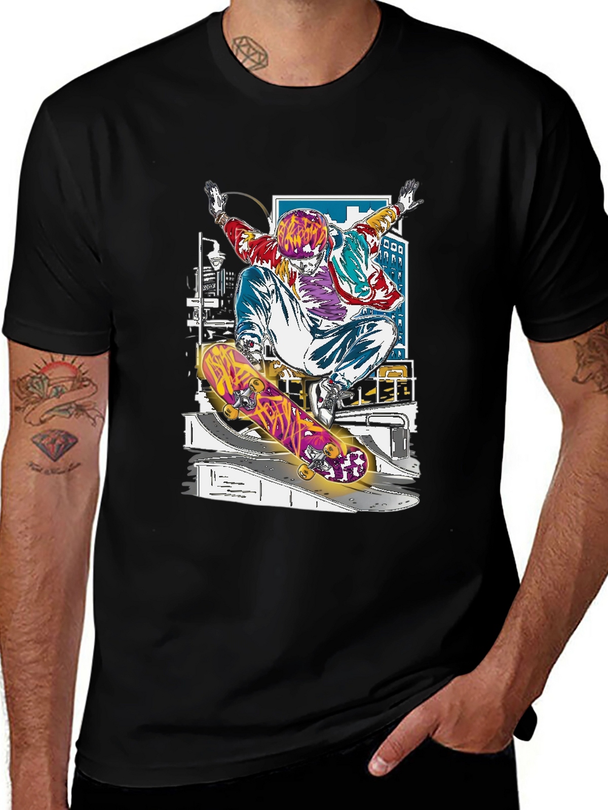 Skateboarder Graphic Tee - Black Cotton Blend Shirt