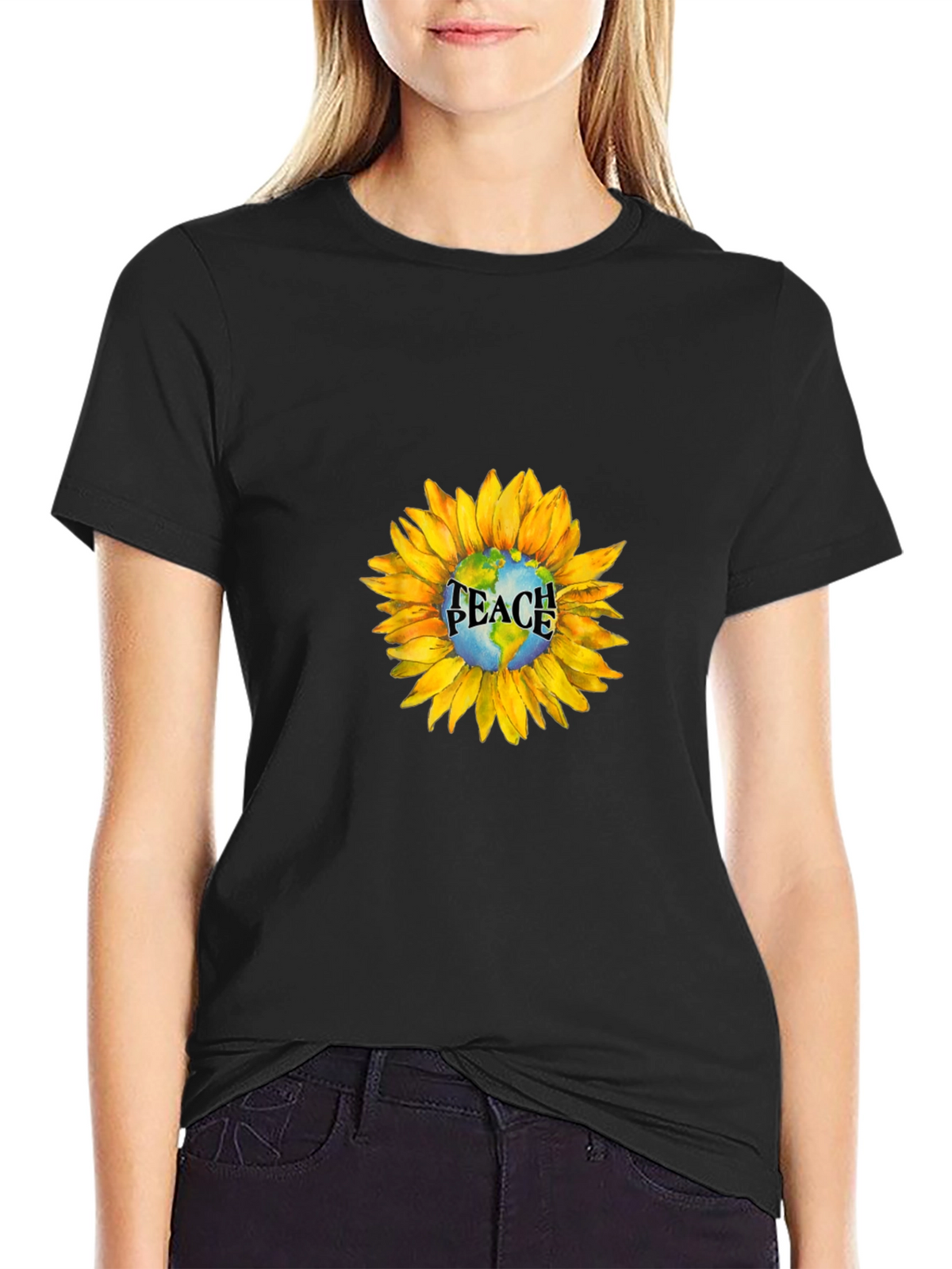 Peace Earth Sunflower Graphic Tee - Black