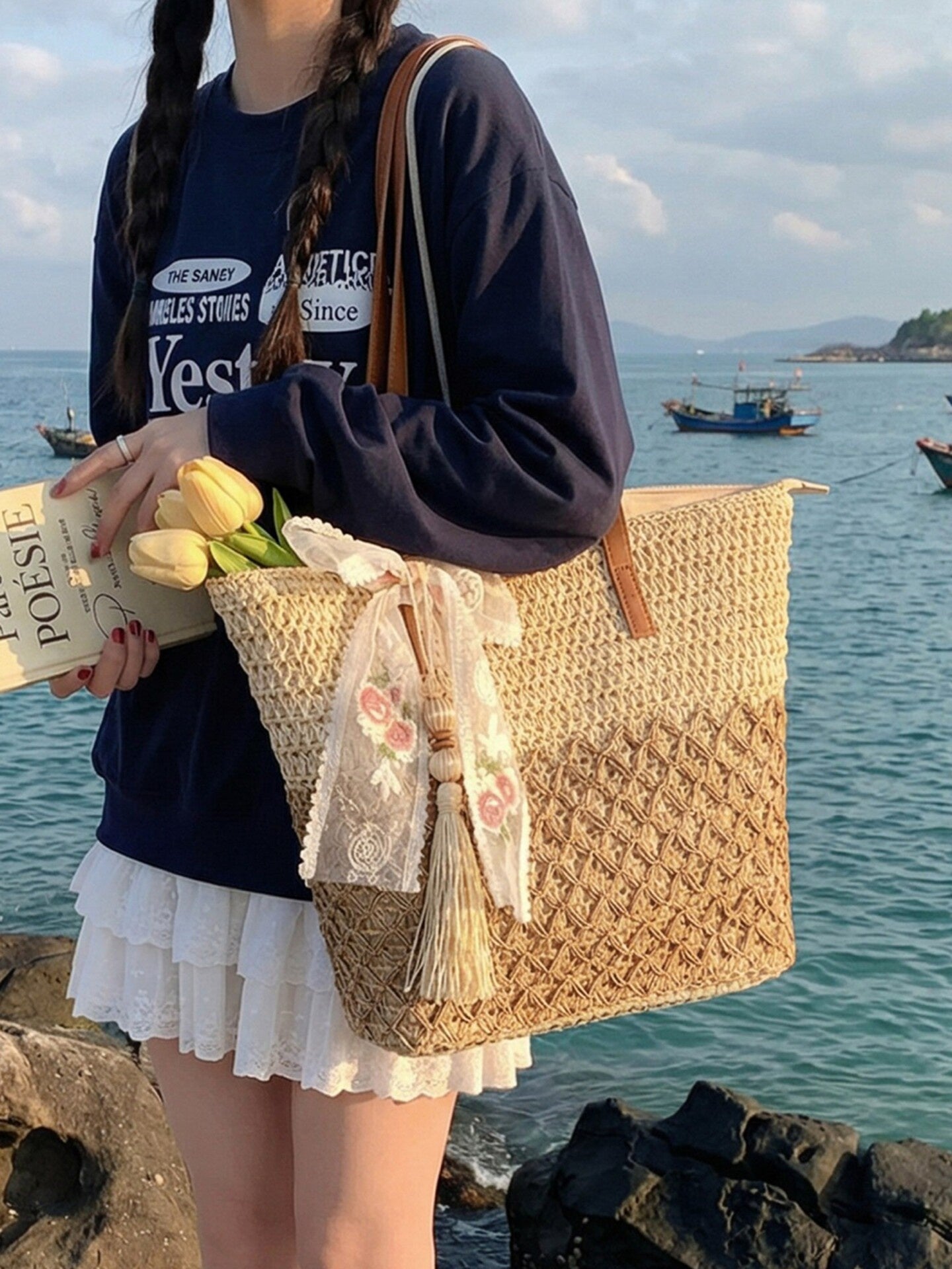Stylish Summer Beach Straw Tote Bag – Large Capacity Woven Shoulder Bag