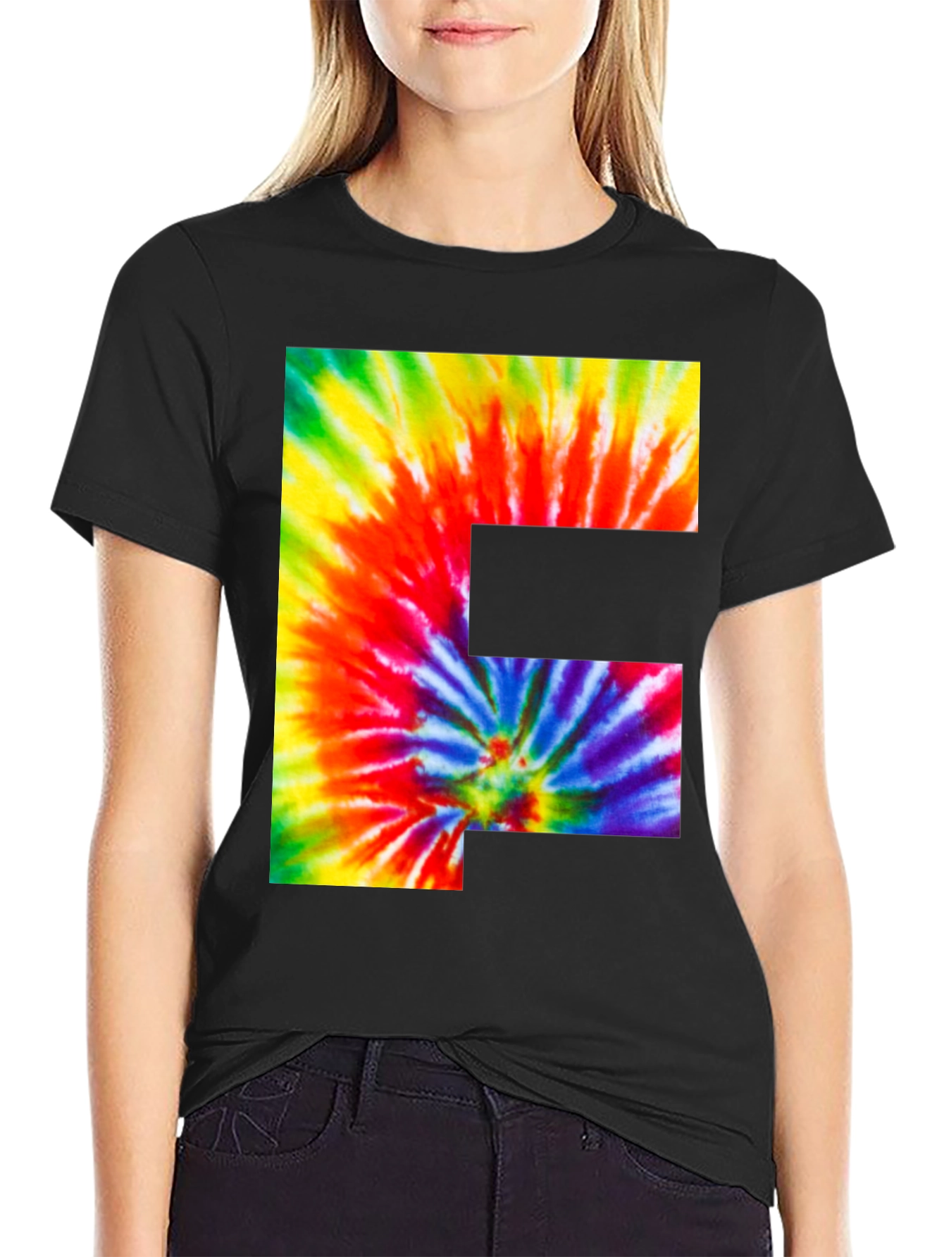 Tie Dye Letter F Graphic Tee - Black