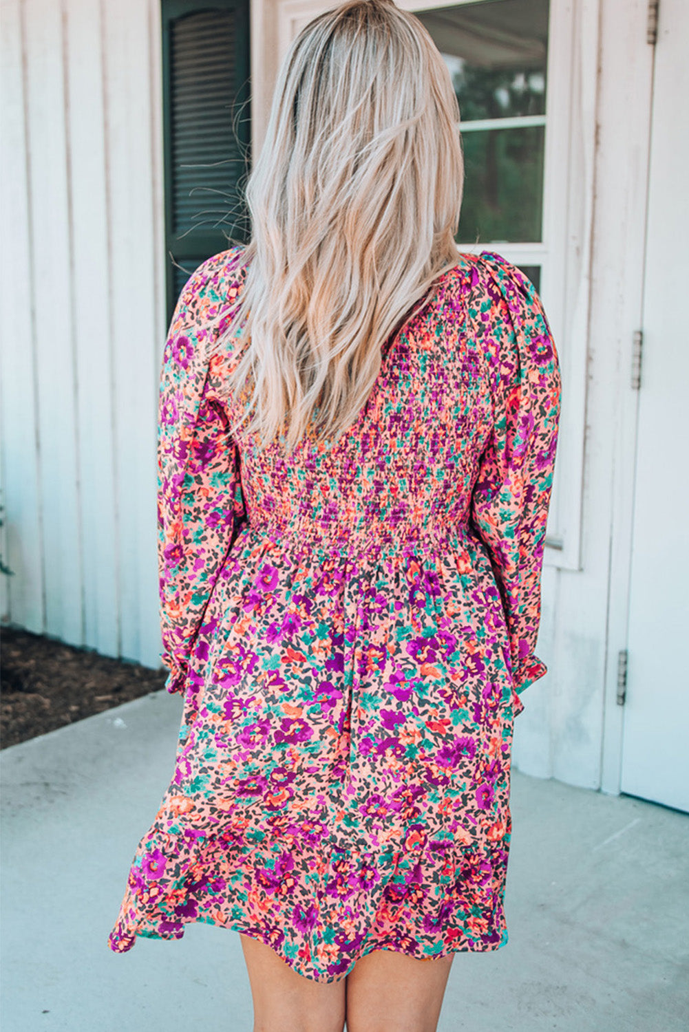 Purple Smocked V Neck Puffy Sleeve Floral Dress