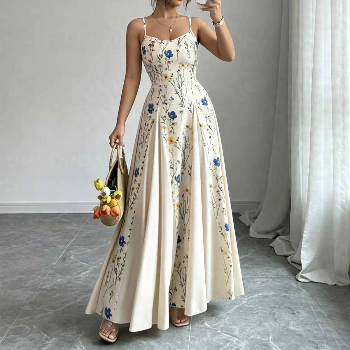 Women's Elegant Summer Flower Printed Spaghetti Strap Tight Waist A-Line Dress