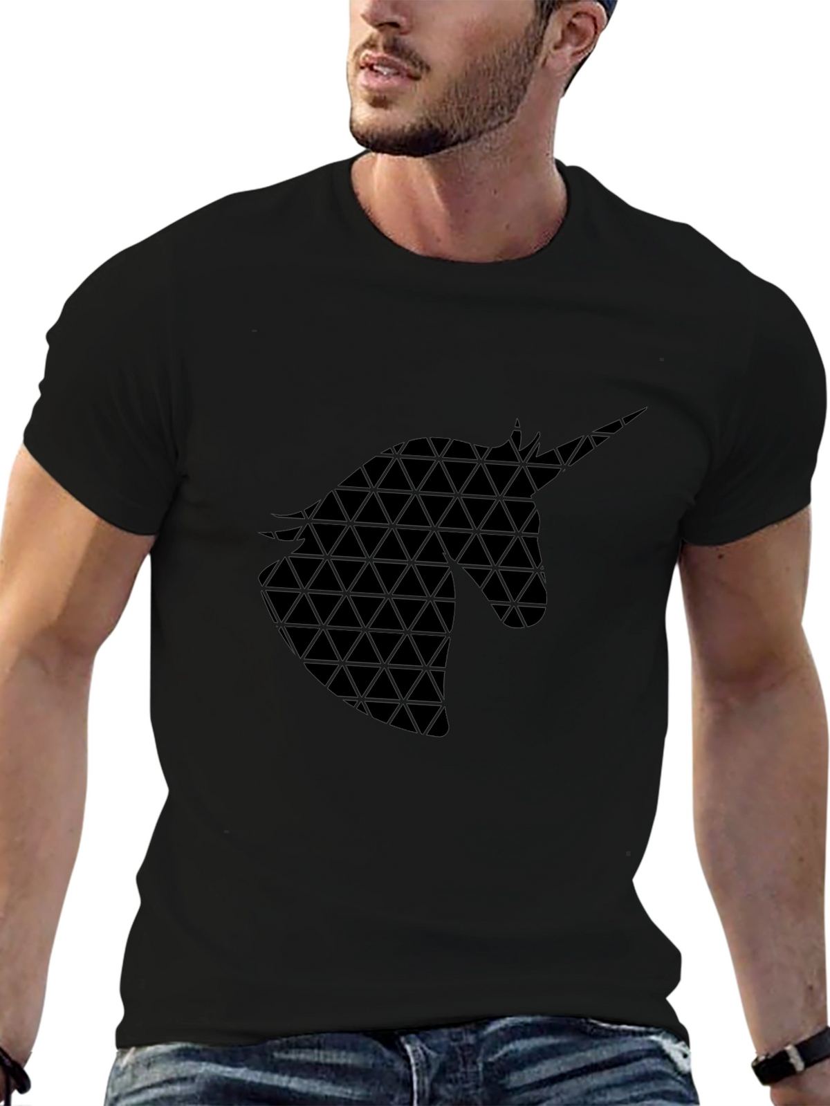 Geometric Unicorn Graphic Black T-Shirt