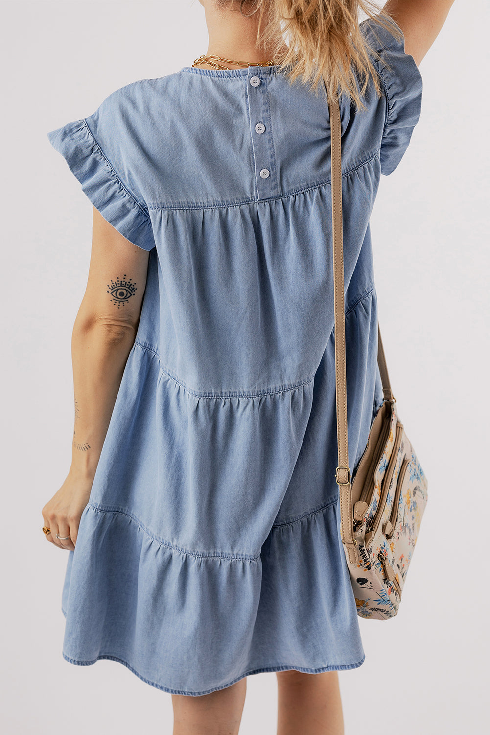 Beau Blue Ruffle Short Sleeve Tiered A-line Denim Dress