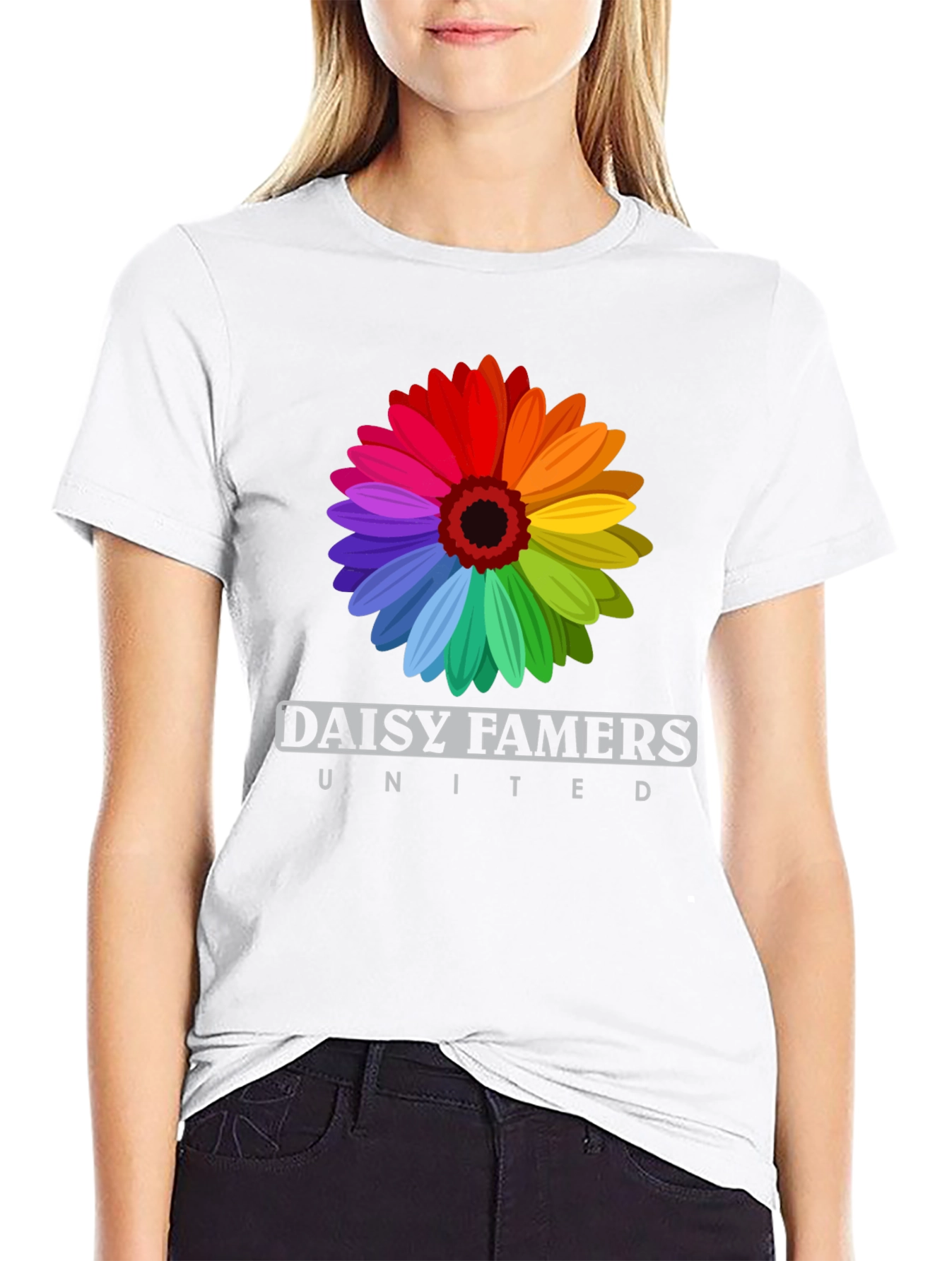 Daisy Famers United Black T-Shirt - Rainbow Flower